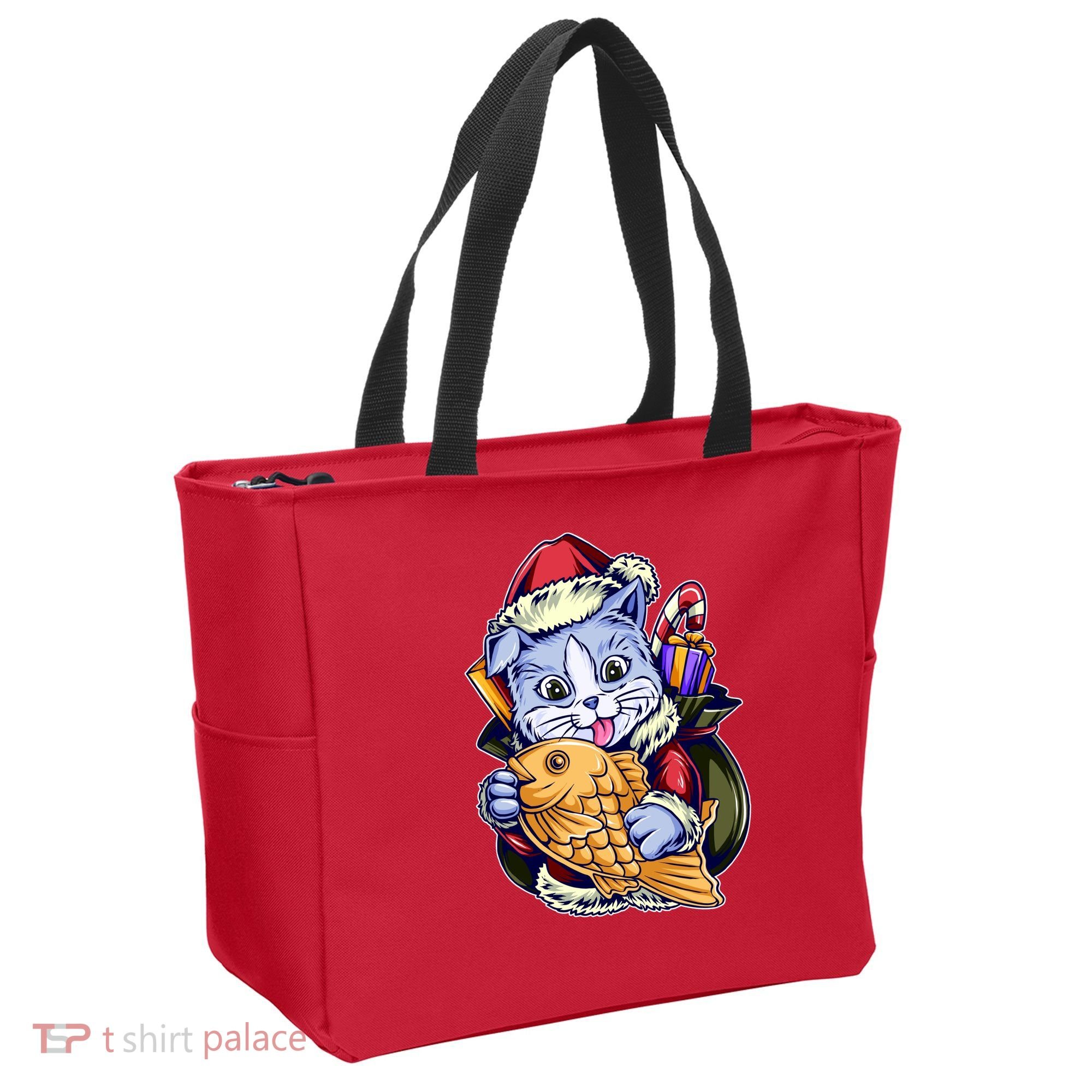 Santa Claus Christmas Cat Bringing Goldfish Tote Bag