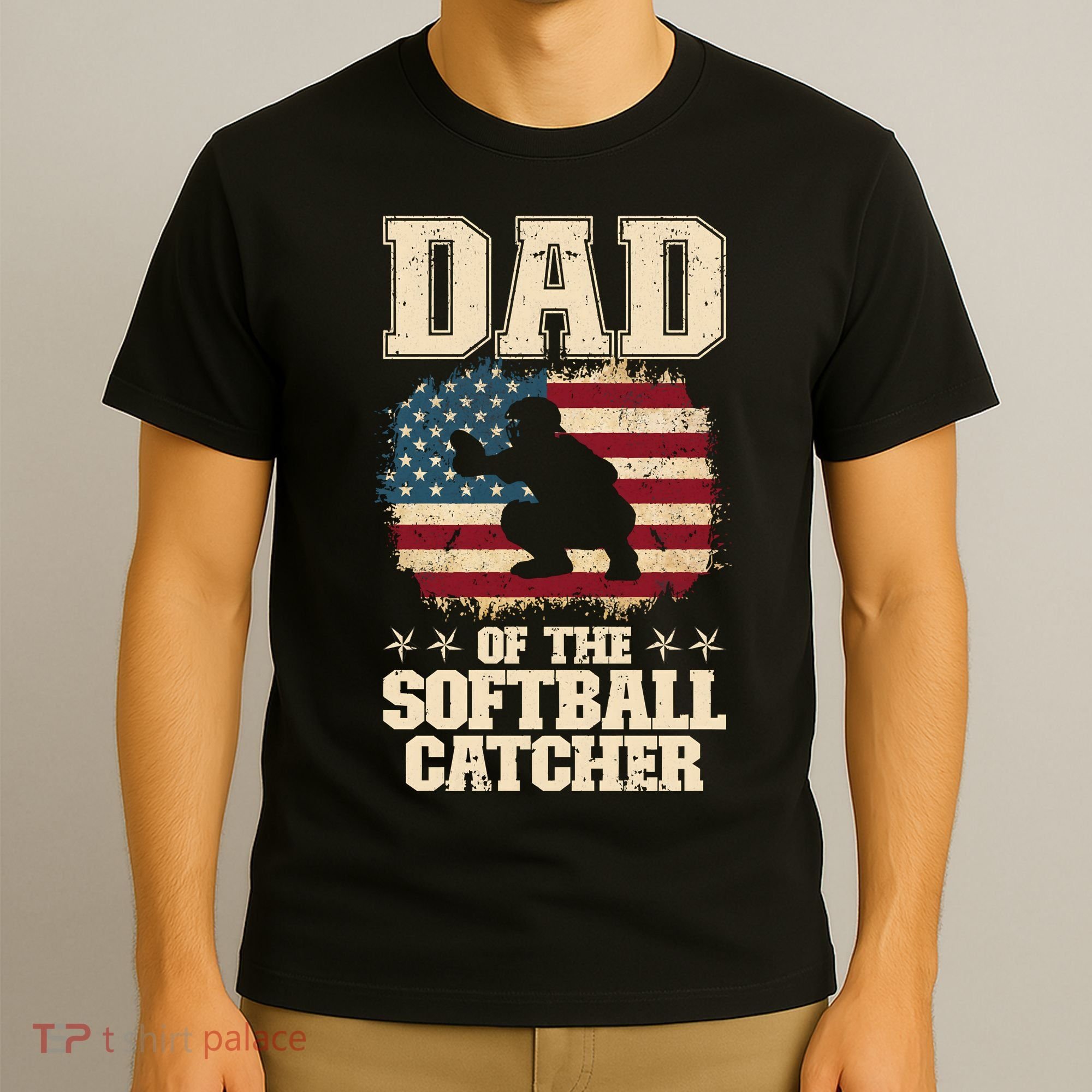 Softball Catcher Dad Jokes American Flag Fathers Day T-Shirt