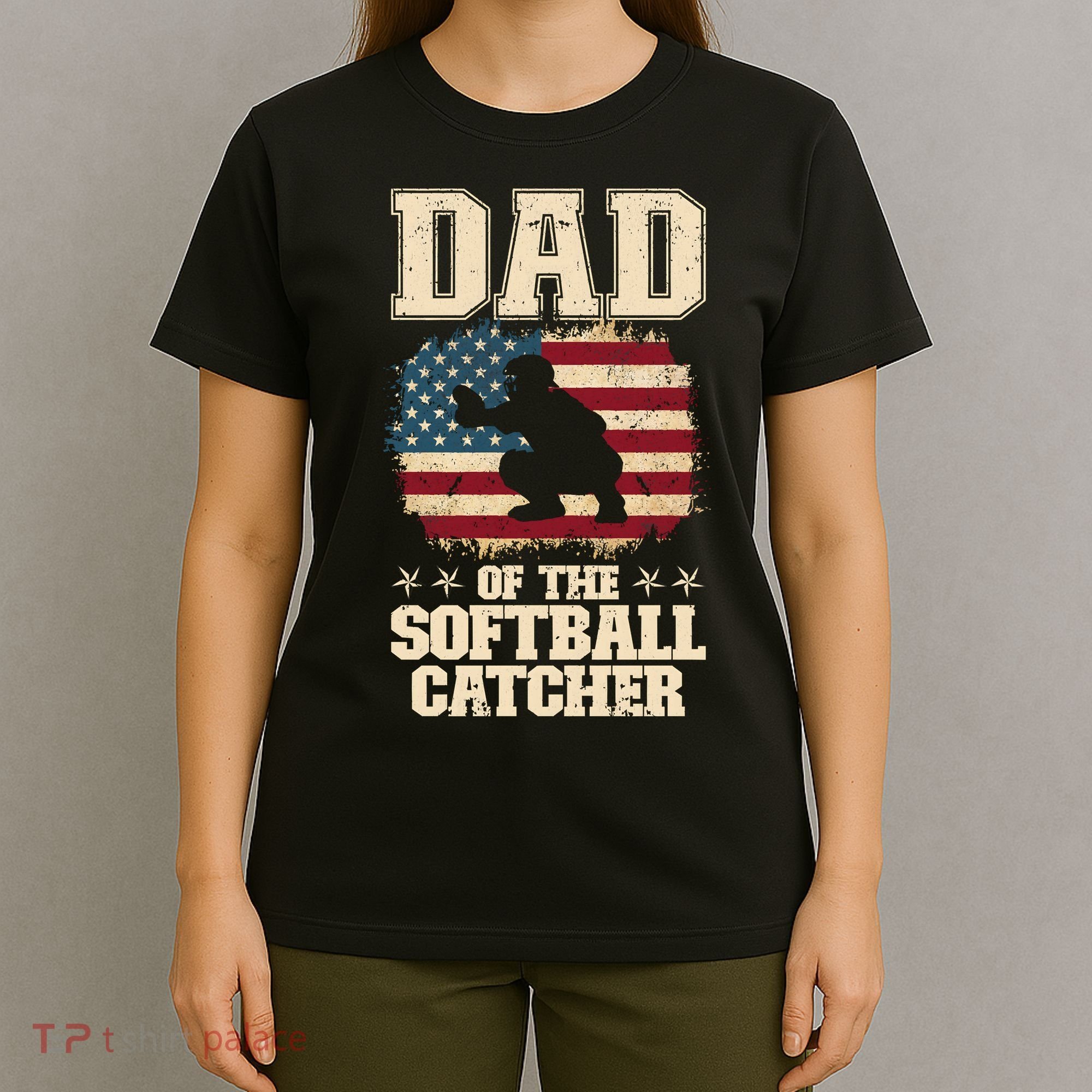Softball Catcher Dad Jokes American Flag Fathers Day T-Shirt