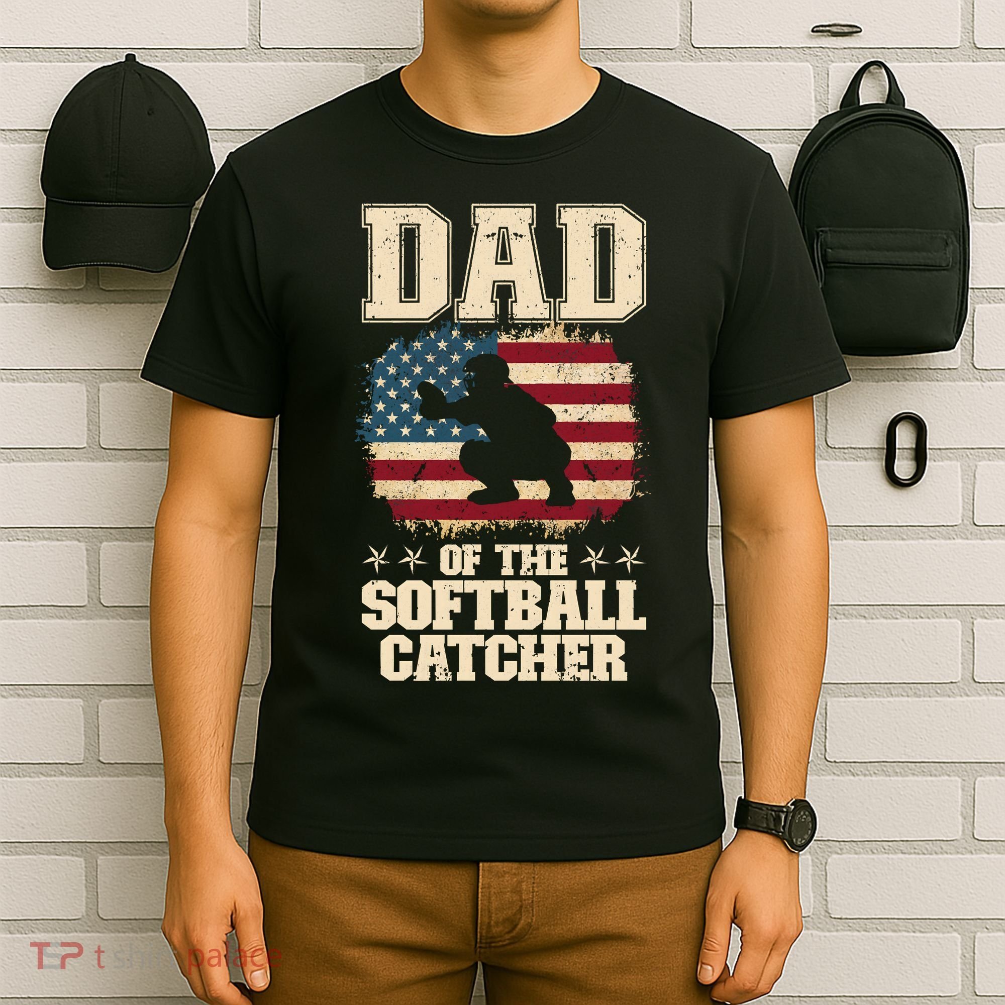 Softball Catcher Dad Jokes American Flag Fathers Day T-Shirt