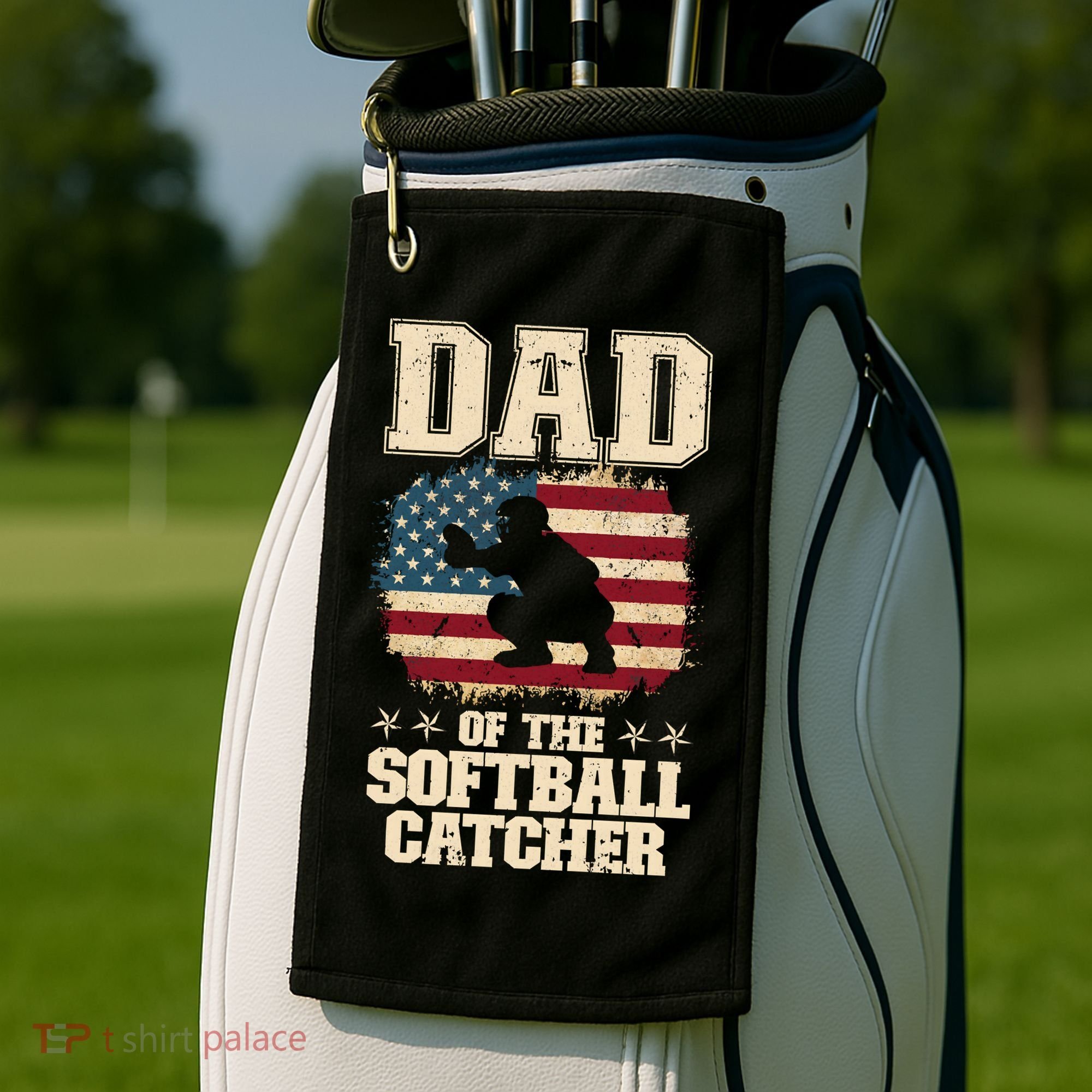 Softball Catcher Dad Jokes American Flag Fathers Day Golf Towel