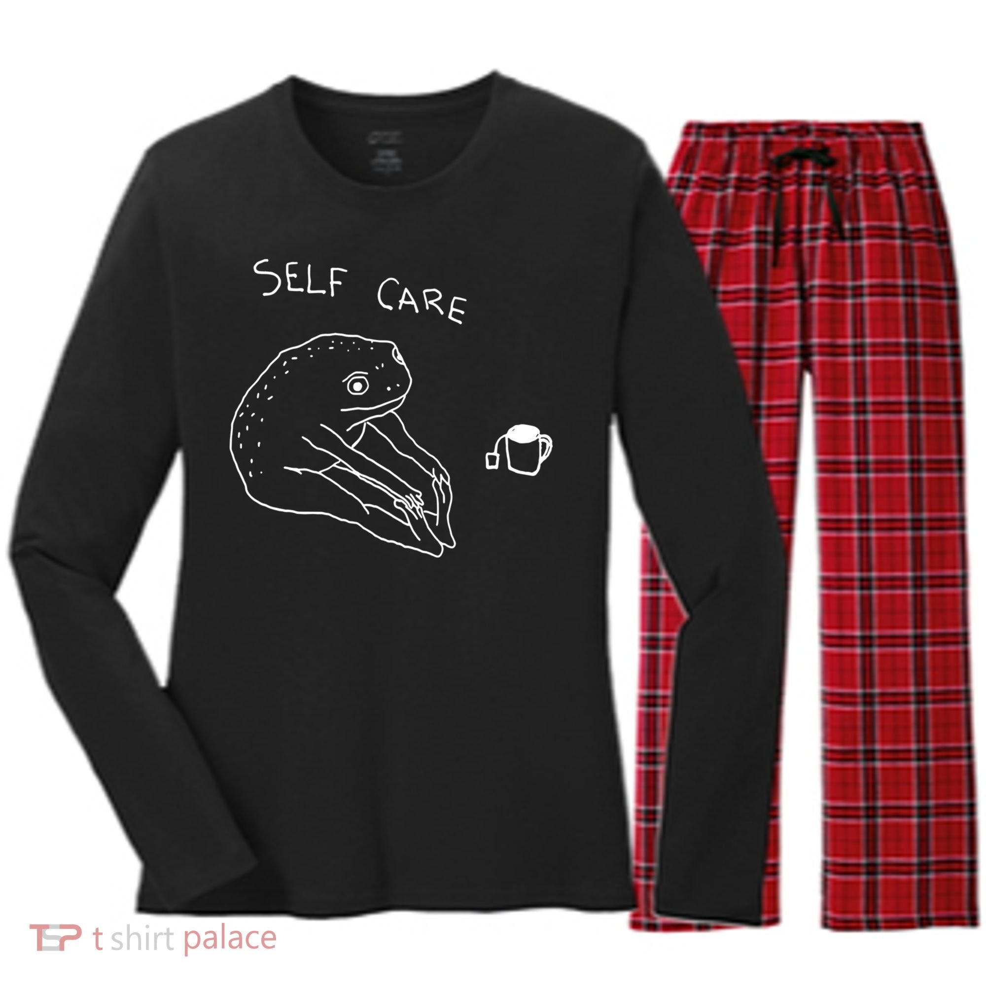 Self Care | Frog Drinking Tea | Yoga Women's Long Sleeve Flannel Pajama Set 