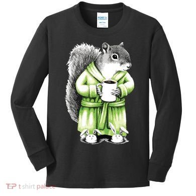 Squirrel Coffee Funny Coffee Drinking Squirrel Kids Long Sleeve Shirt