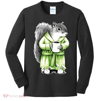 Squirrel Coffee Funny Coffee Drinking Squirrel Kids Long Sleeve Shirt