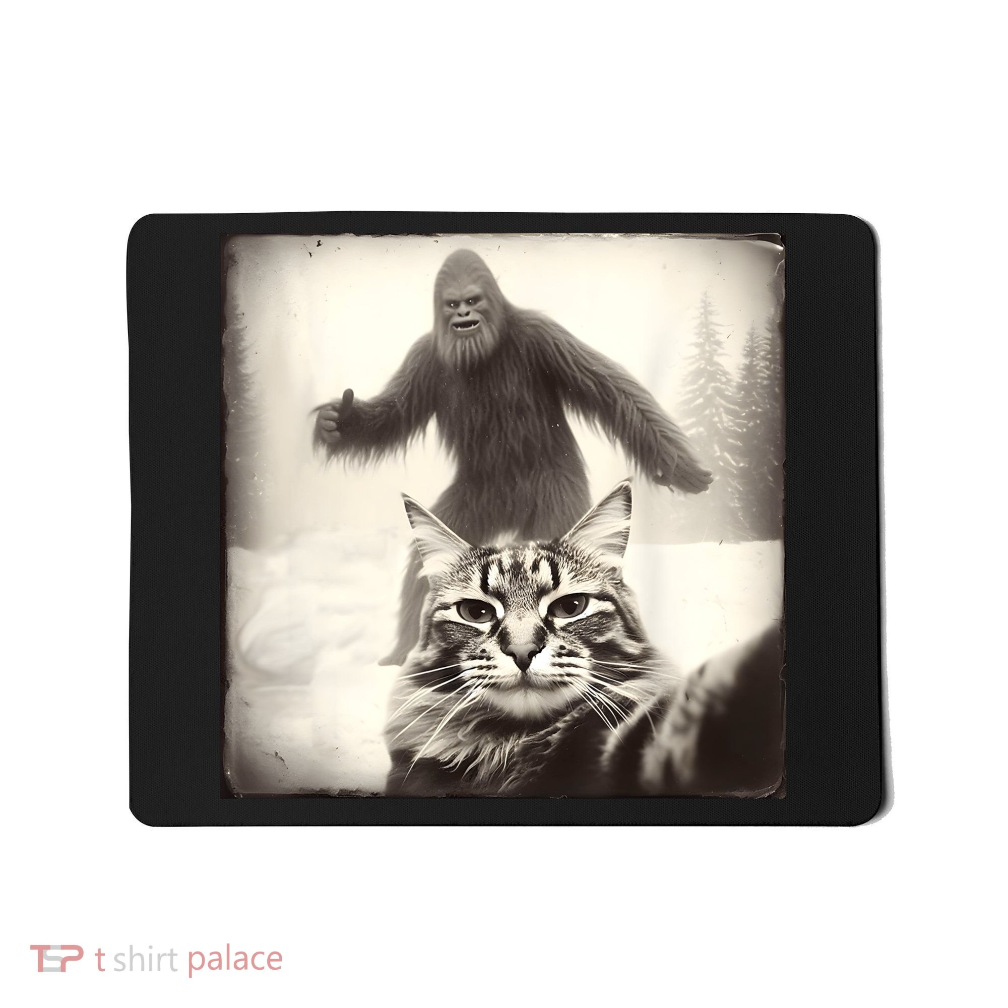 Selfie Cat Finds Bigfoot Sasquatch Funny Cat Bigfoot Photo Mousepad