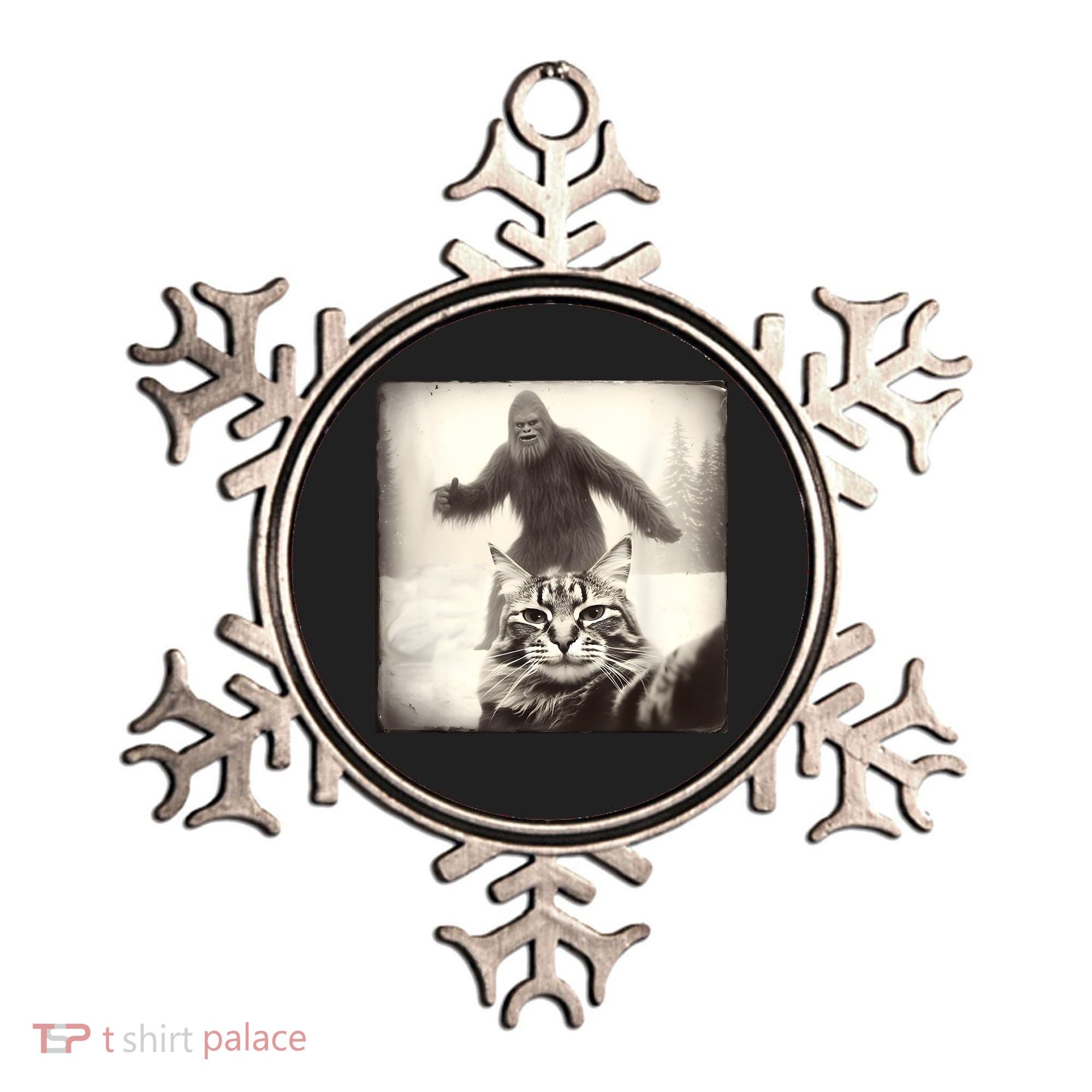 Selfie Cat Finds Bigfoot Sasquatch Funny Cat Bigfoot Photo Ornament