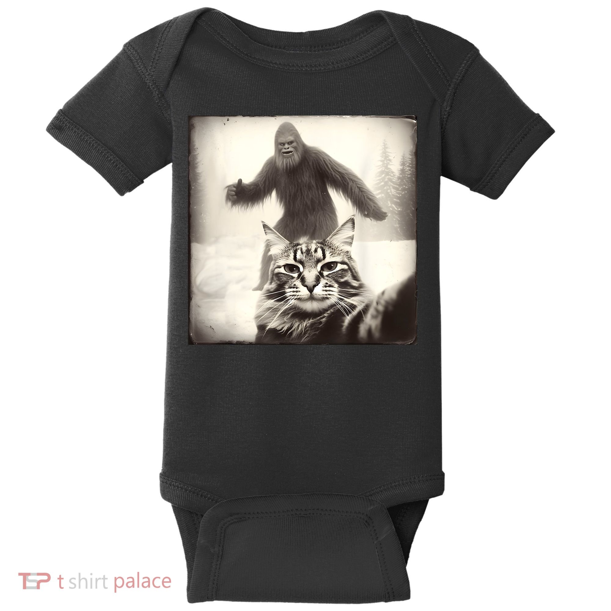 Selfie Cat Finds Bigfoot Sasquatch Funny Cat Bigfoot Photo Baby Bodysuit
