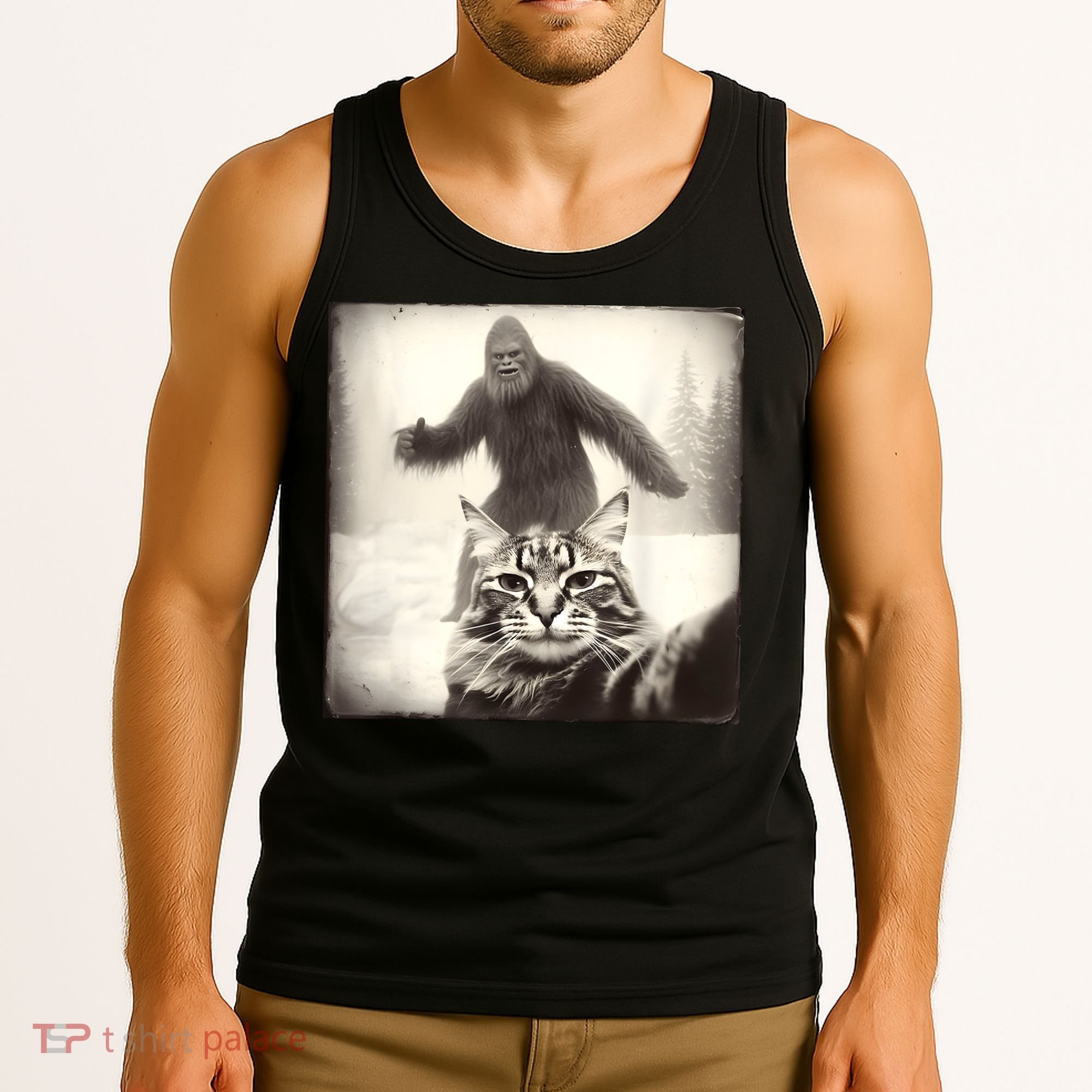 Selfie Cat Finds Bigfoot Sasquatch Funny Cat Bigfoot Photo Tank Top