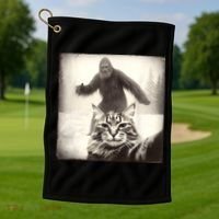Selfie Cat Finds Bigfoot Sasquatch Funny Cat Bigfoot Photo Golf Towel thumb 1