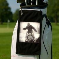 Selfie Cat Finds Bigfoot Sasquatch Funny Cat Bigfoot Photo Golf Towel thumb 2