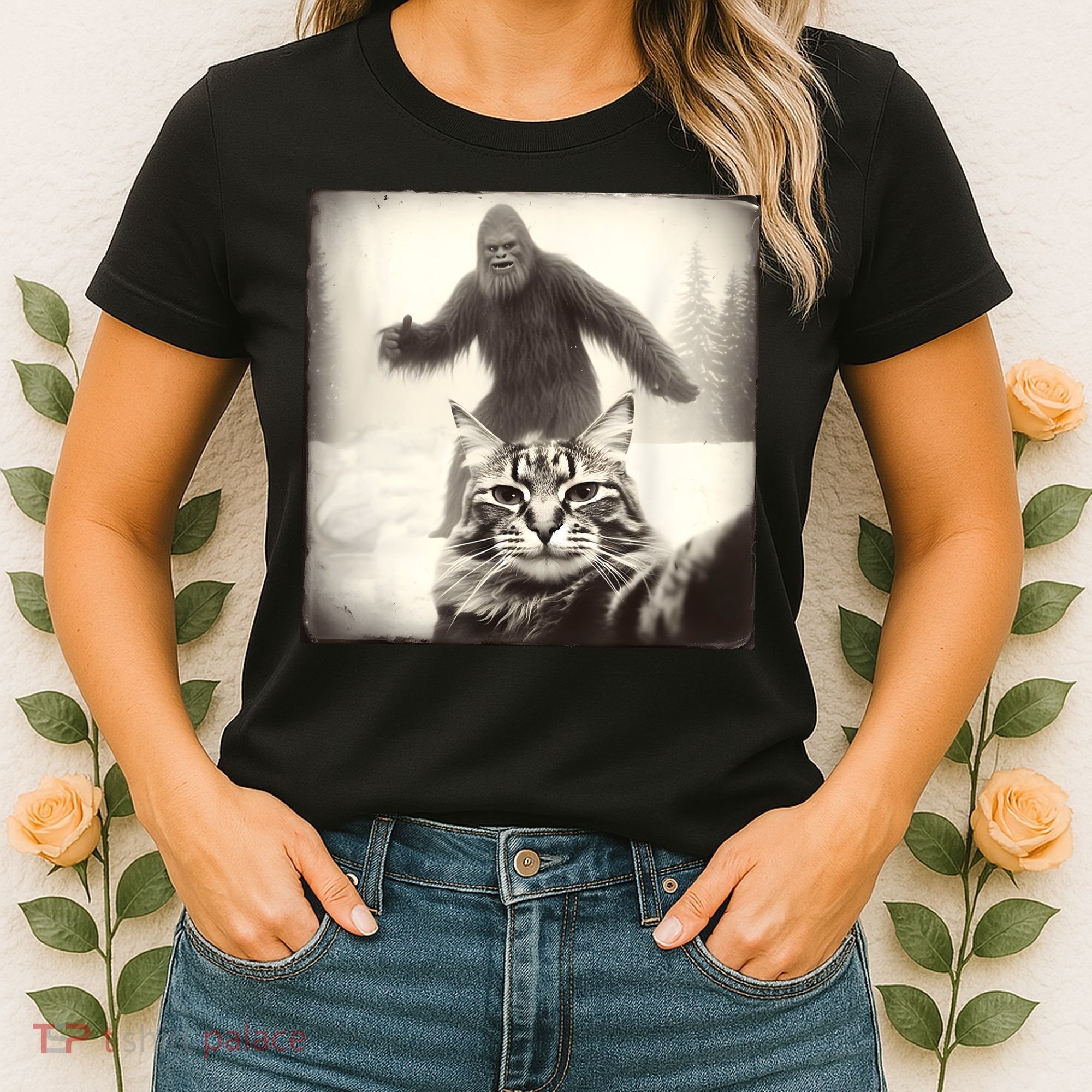 Selfie Cat Finds Bigfoot Sasquatch Funny Cat Bigfoot Photo Women's T-Shirt