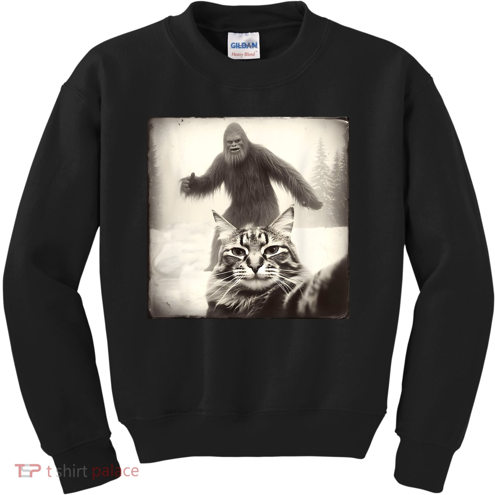 Selfie Cat Finds Bigfoot Sasquatch Funny Cat Bigfoot Photo Kids Sweatshirt