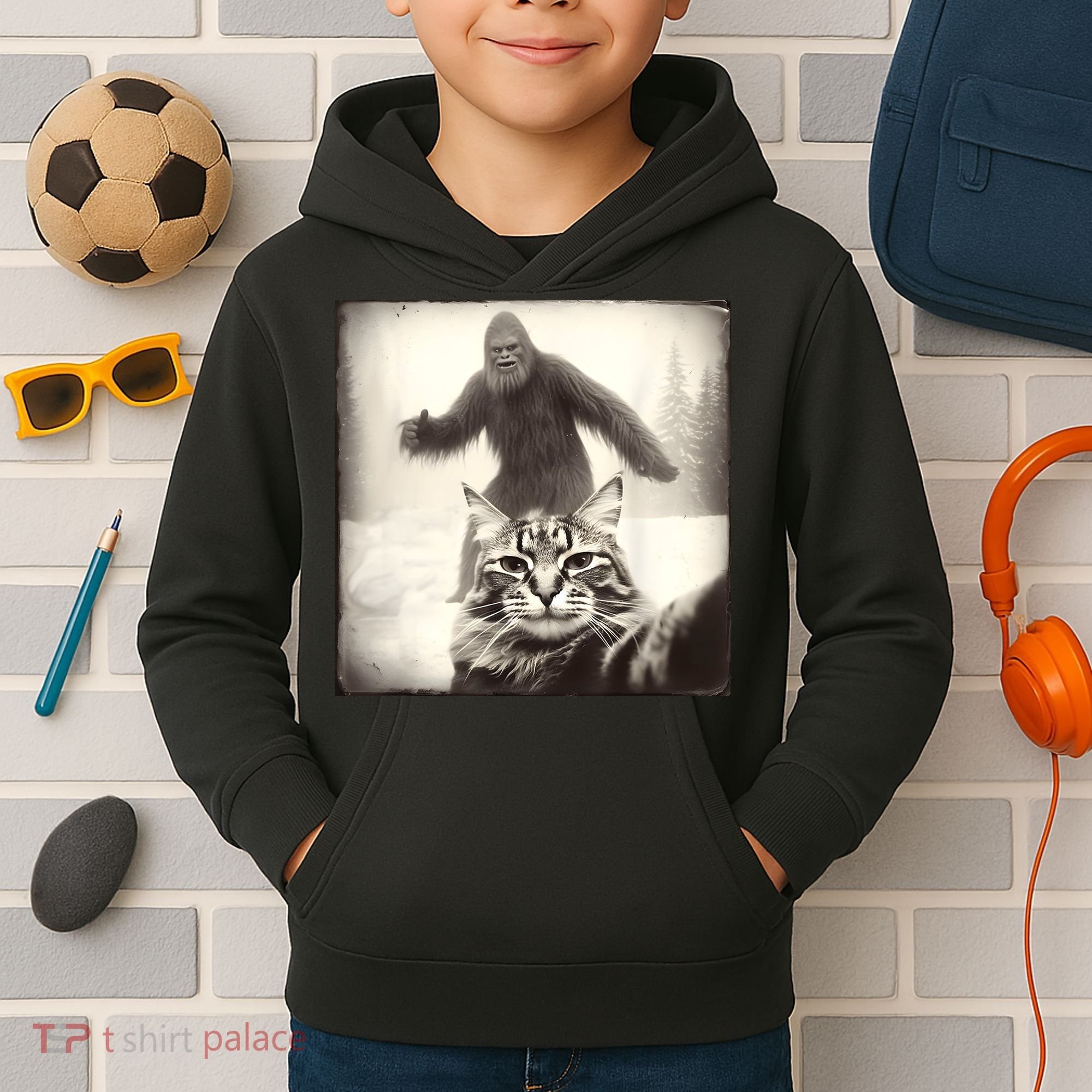 Selfie Cat Finds Bigfoot Sasquatch Funny Cat Bigfoot Photo Kids Hoodie