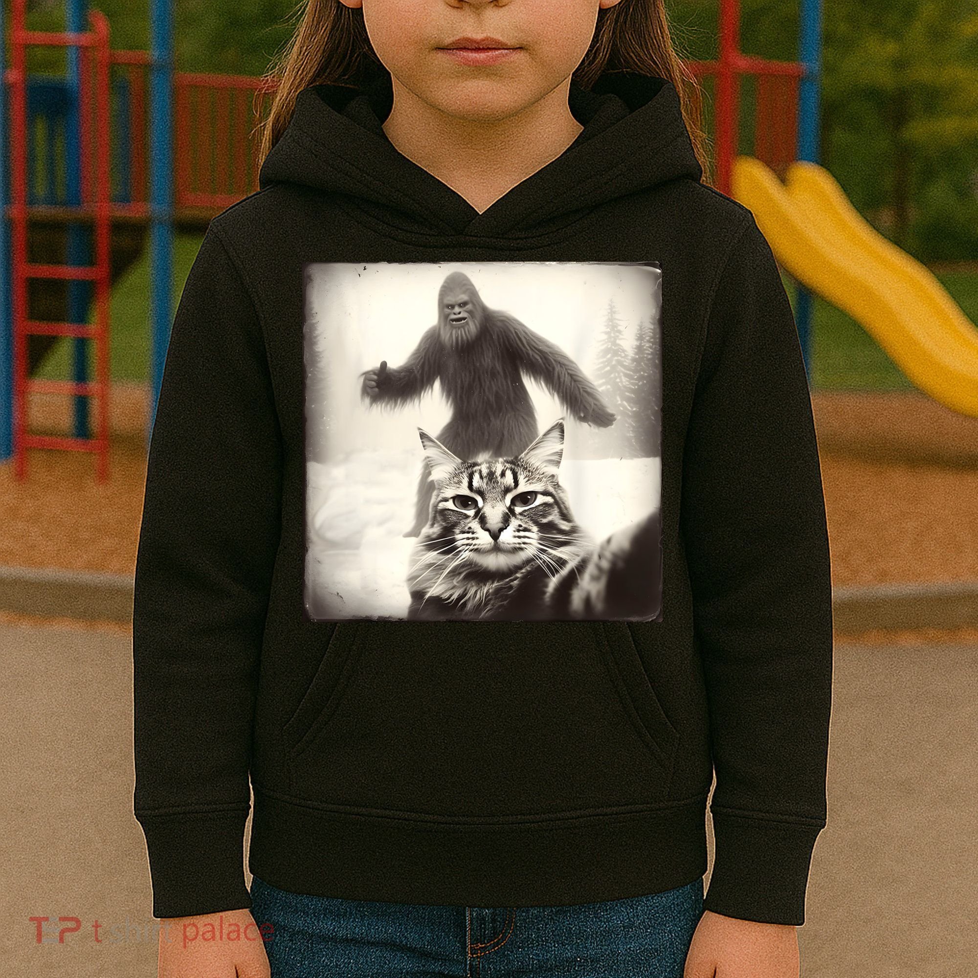 Selfie Cat Finds Bigfoot Sasquatch Funny Cat Bigfoot Photo Kids Hoodie