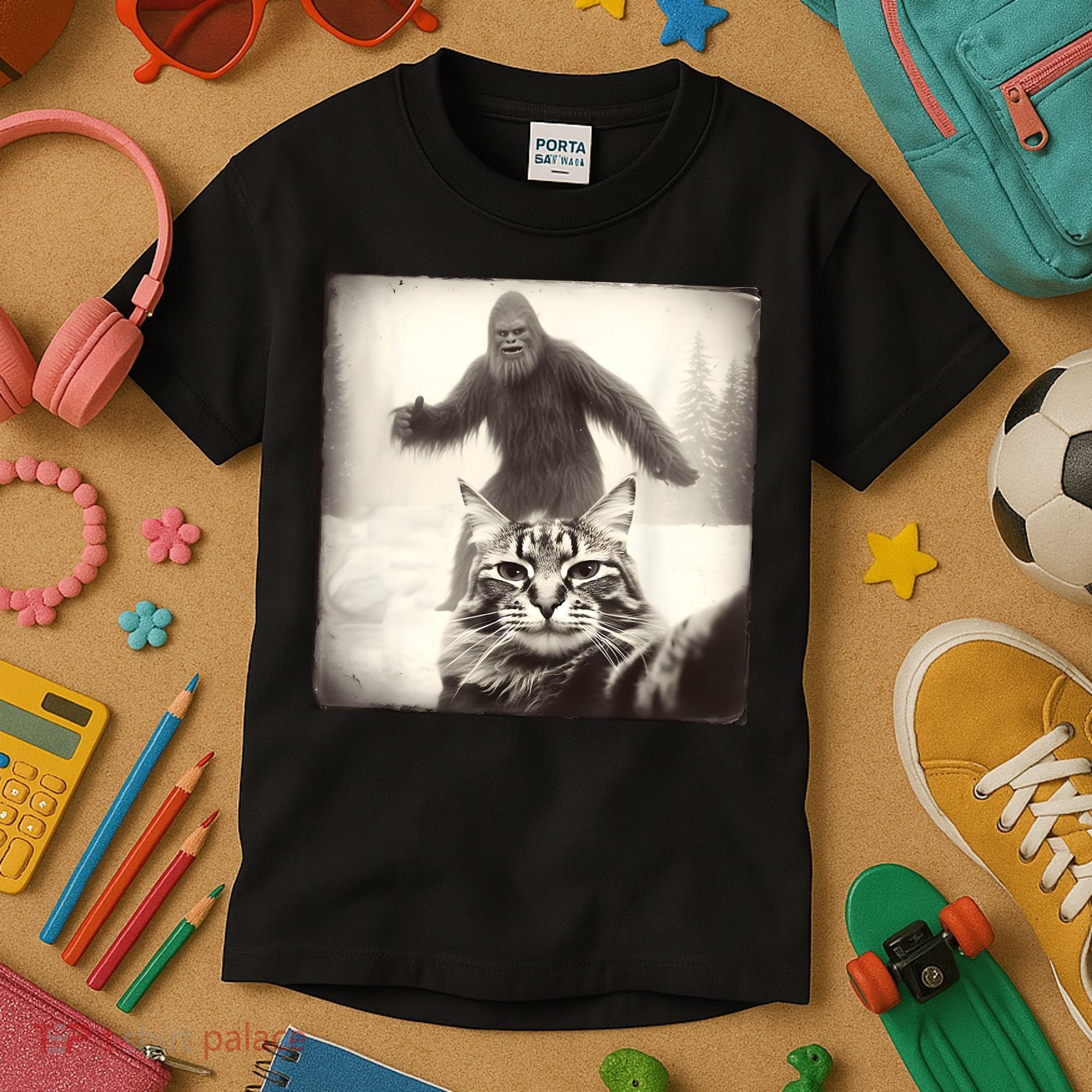Selfie Cat Finds Bigfoot Sasquatch Funny Cat Bigfoot Photo Kids T-Shirt