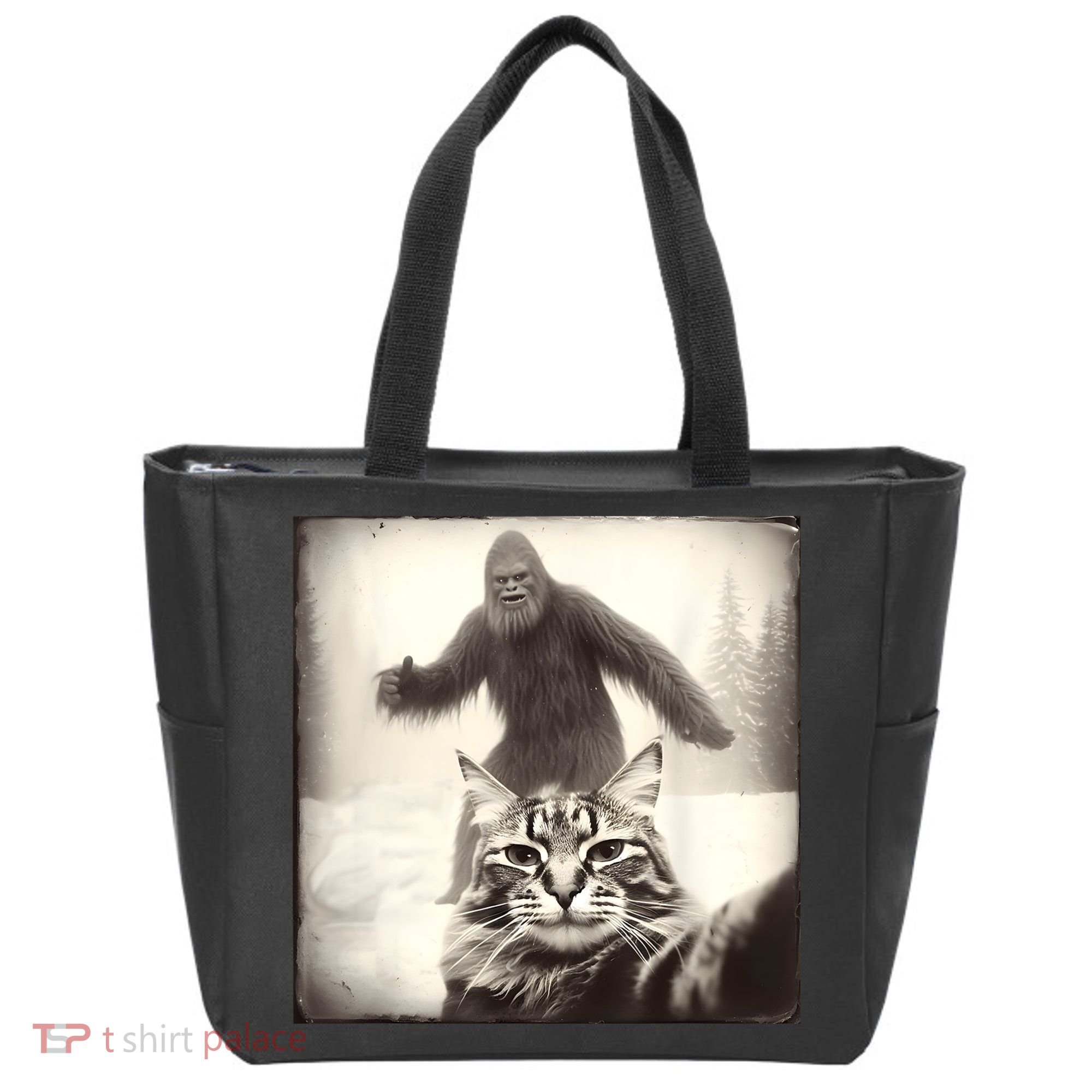 Selfie Cat Finds Bigfoot Sasquatch Funny Cat Bigfoot Photo Tote Bag
