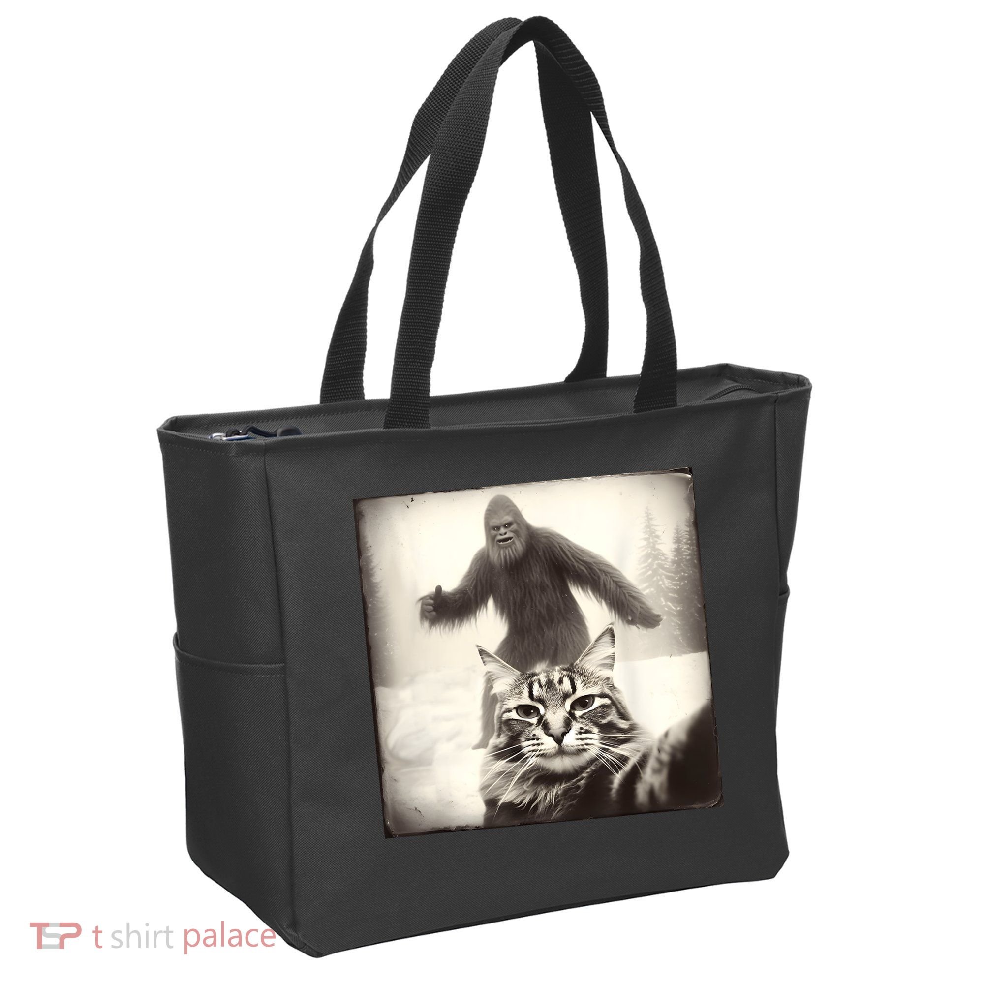Selfie Cat Finds Bigfoot Sasquatch Funny Cat Bigfoot Photo Tote Bag