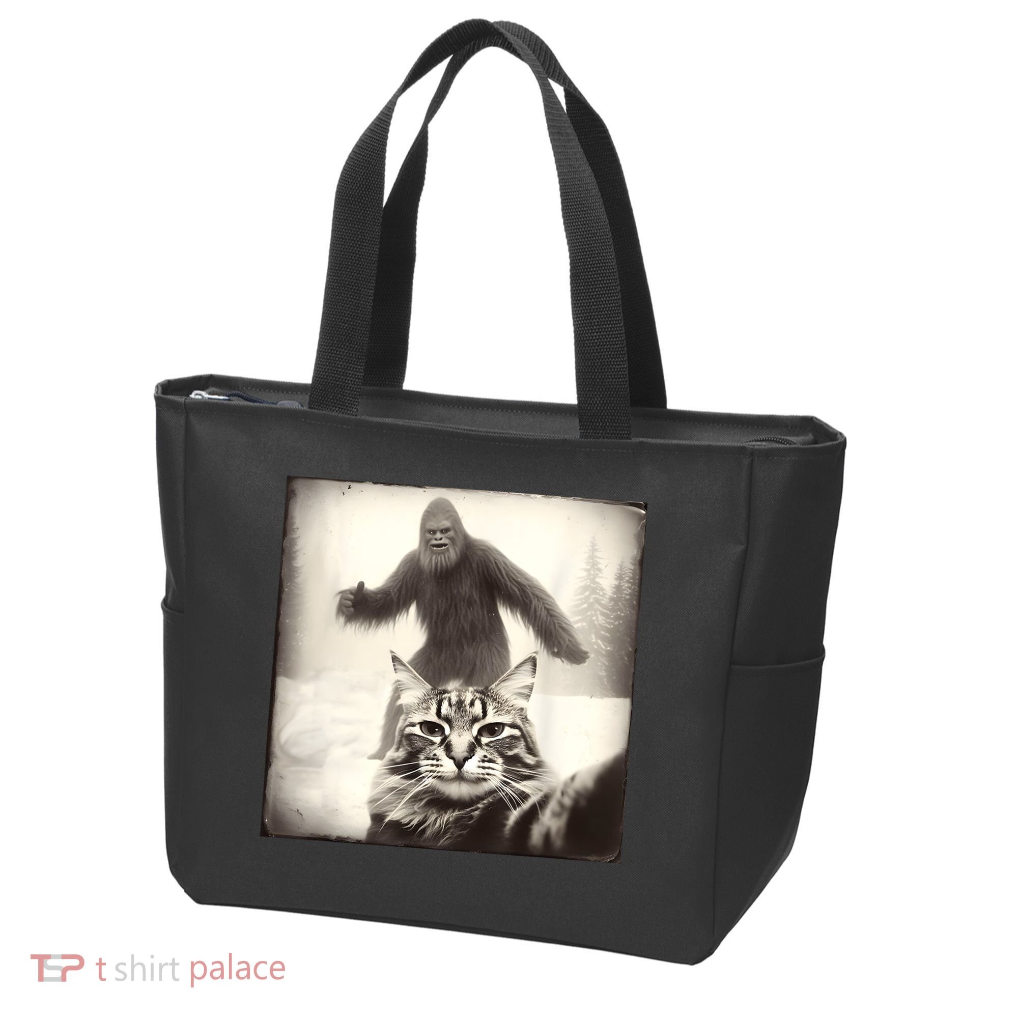 Selfie Cat Finds Bigfoot Sasquatch Funny Cat Bigfoot Photo Tote Bag