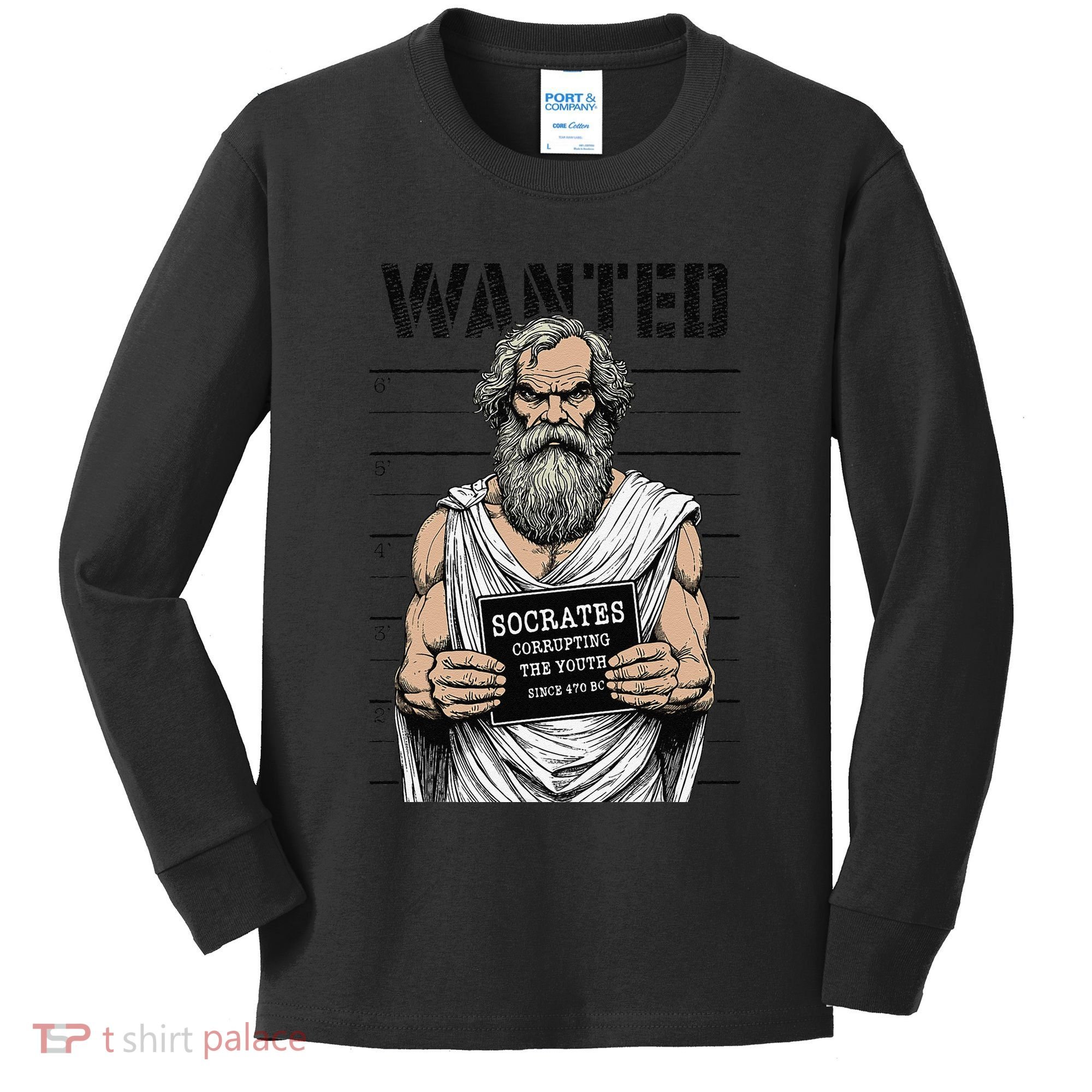 Socrates Corrupting Funny Philosophy Police Mugshot Kids Long Sleeve Shirt
