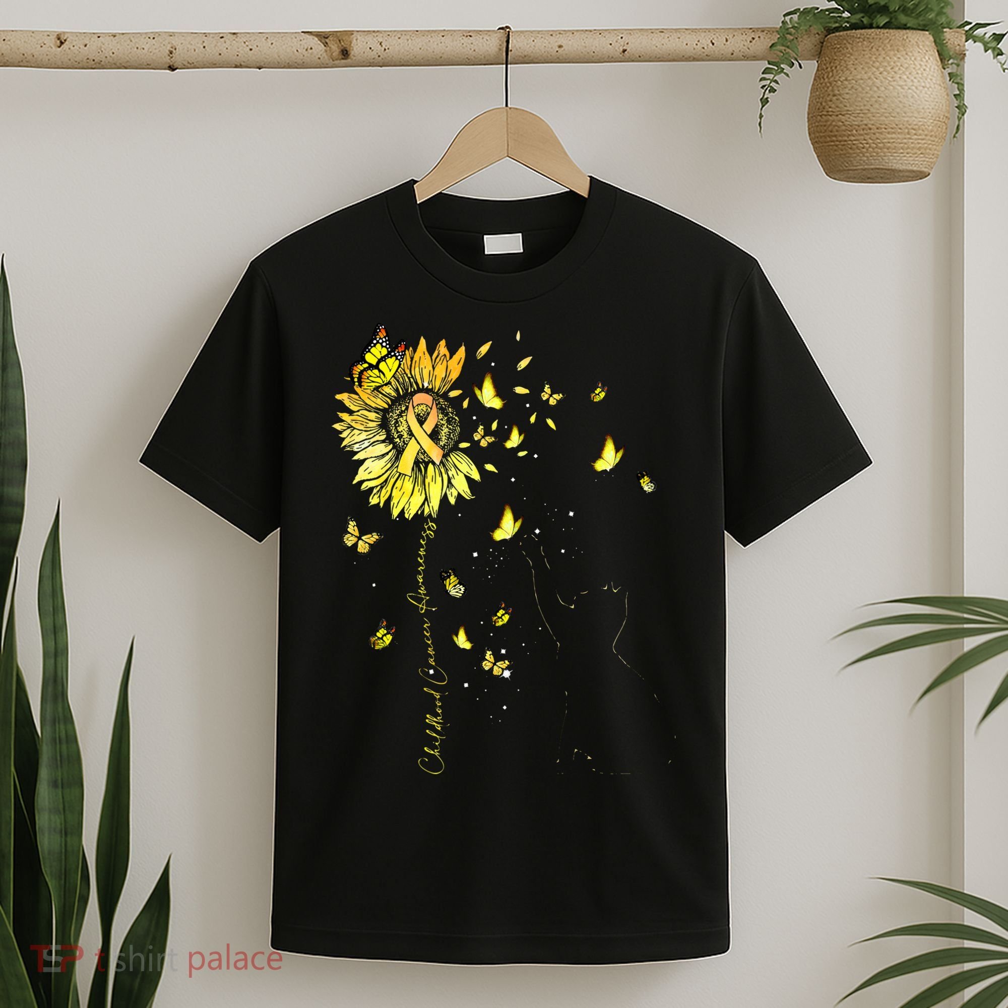 Sunflower Cat Gold Ribbon Childhood Cancer Awareness T-Shirt