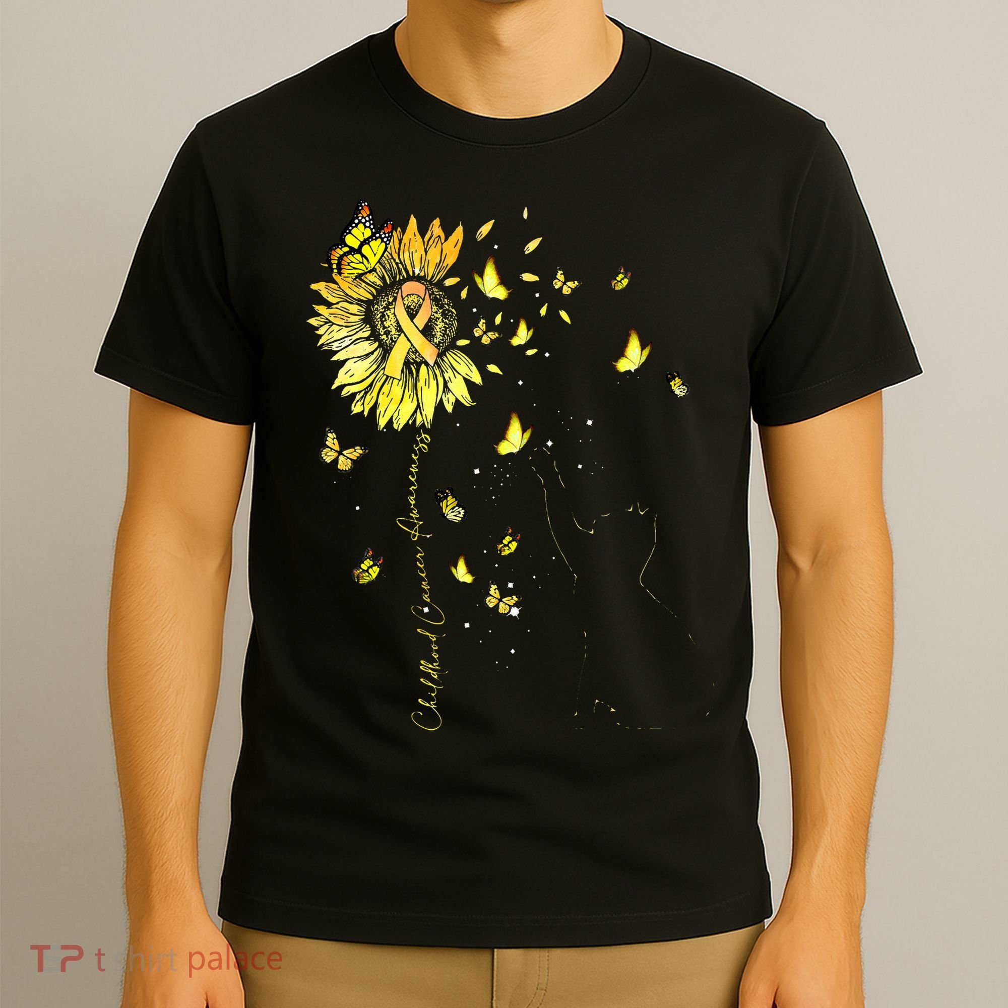 Sunflower Cat Gold Ribbon Childhood Cancer Awareness T-Shirt