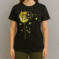 Sunflower Cat Gold Ribbon Childhood Cancer Awareness T-Shirt thumb 4