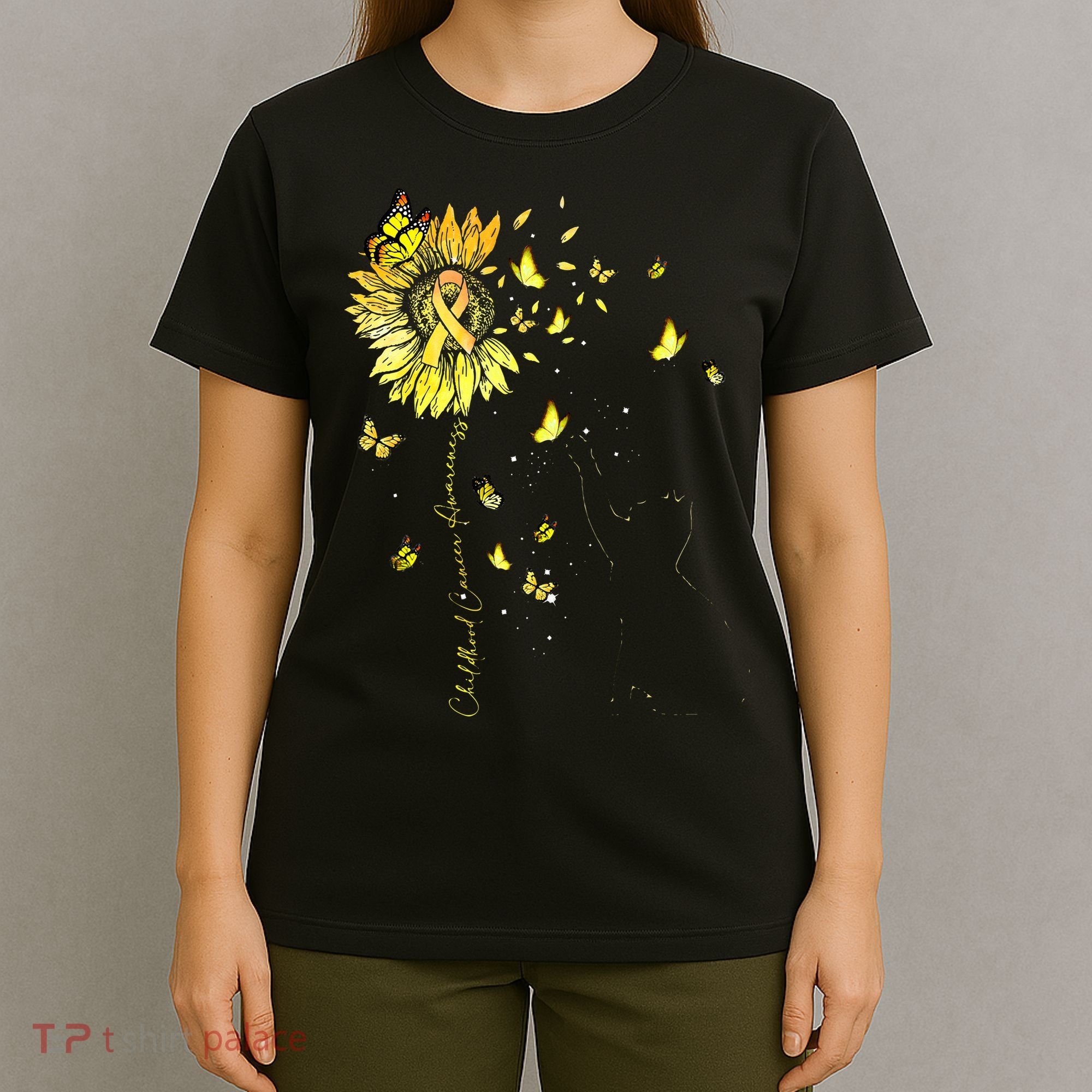 Sunflower Cat Gold Ribbon Childhood Cancer Awareness T-Shirt