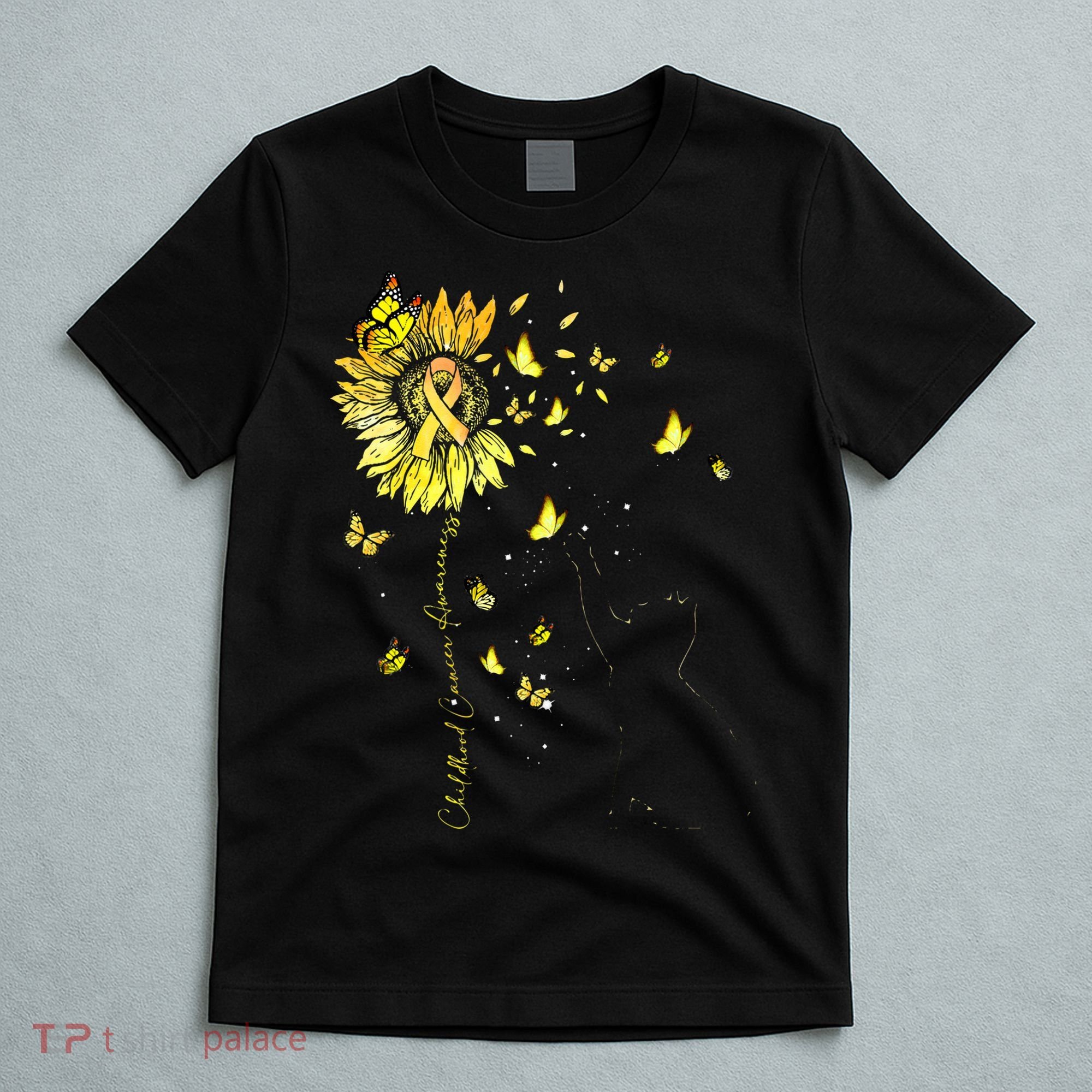 Sunflower Cat Gold Ribbon Childhood Cancer Awareness T-Shirt