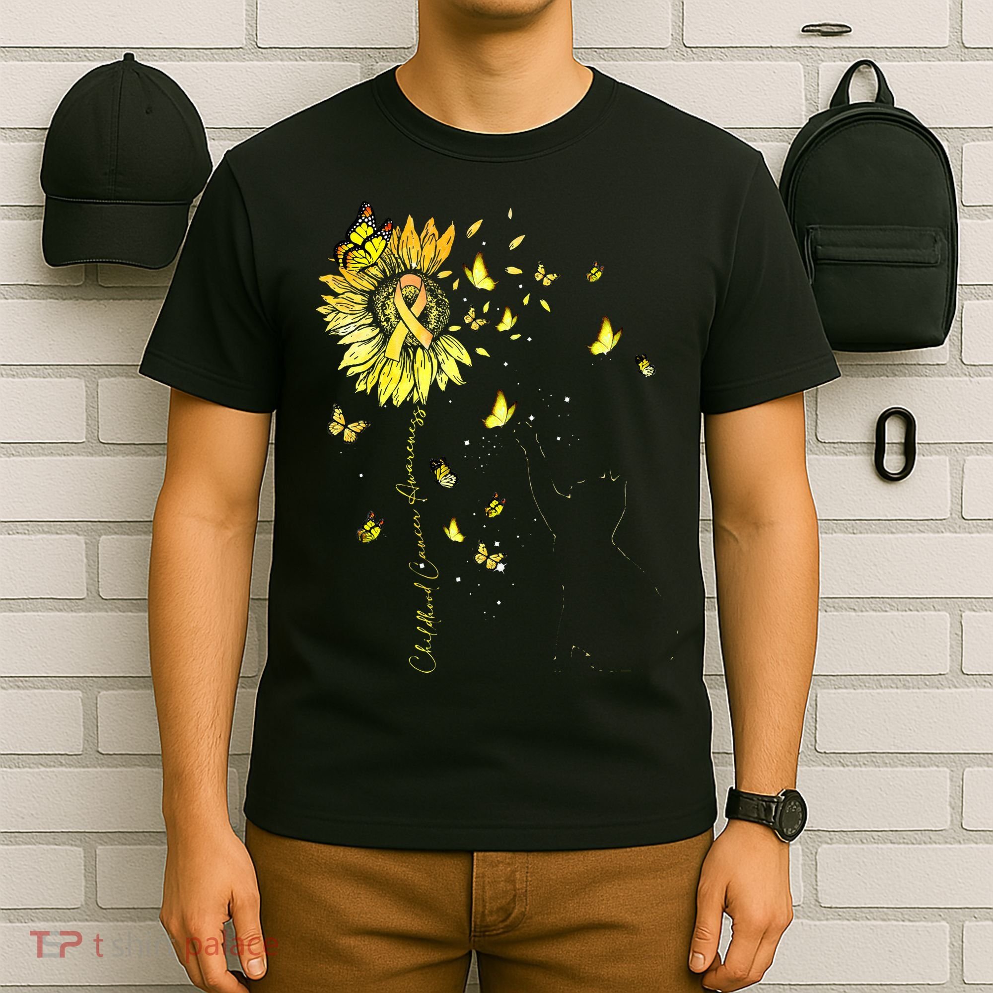 Sunflower Cat Gold Ribbon Childhood Cancer Awareness T-Shirt