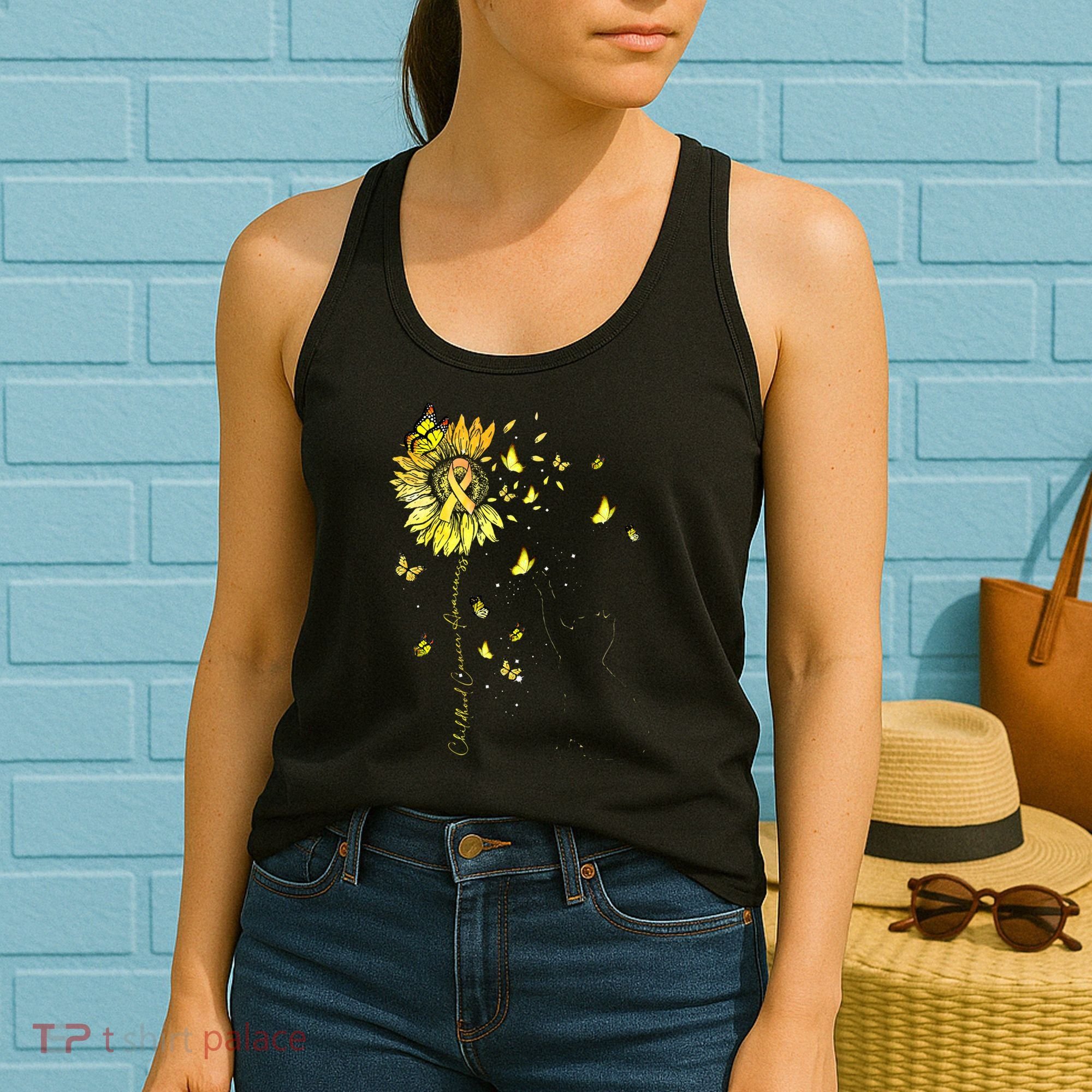 Sunflower Cat Gold Ribbon Childhood Cancer Awareness Women's Tank Top