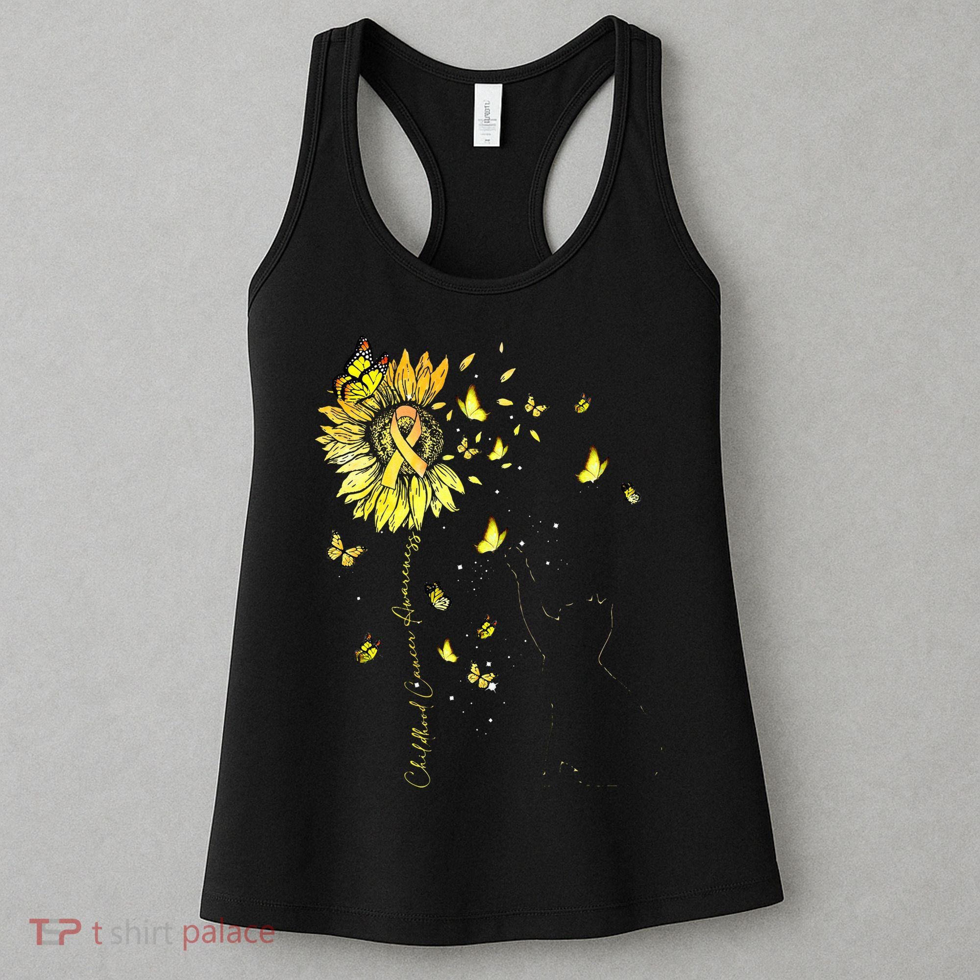 Sunflower Cat Gold Ribbon Childhood Cancer Awareness Women's Tank Top