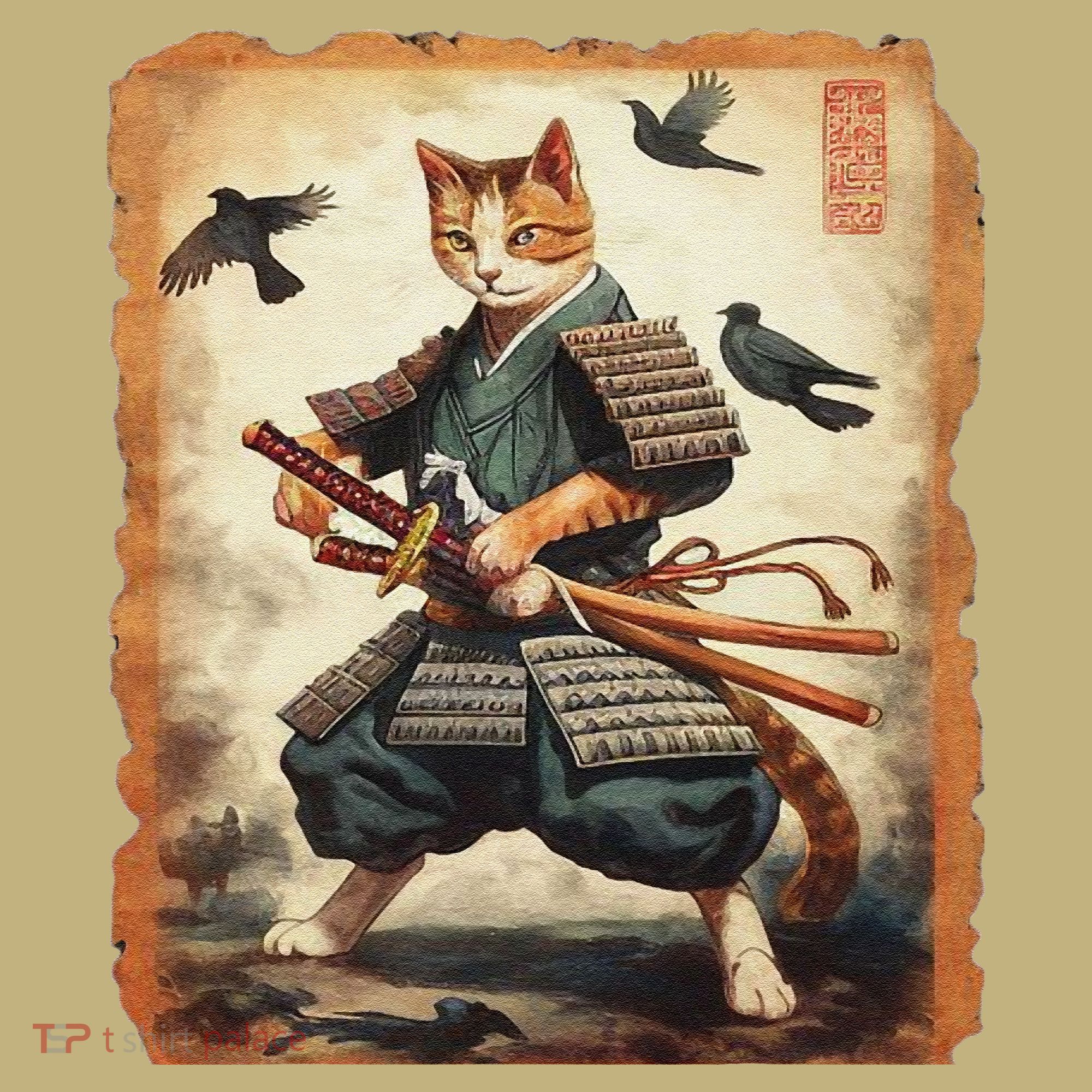 Samurai Cat Graphicwarrior Vintage Japanese Art Anime T-Shirt