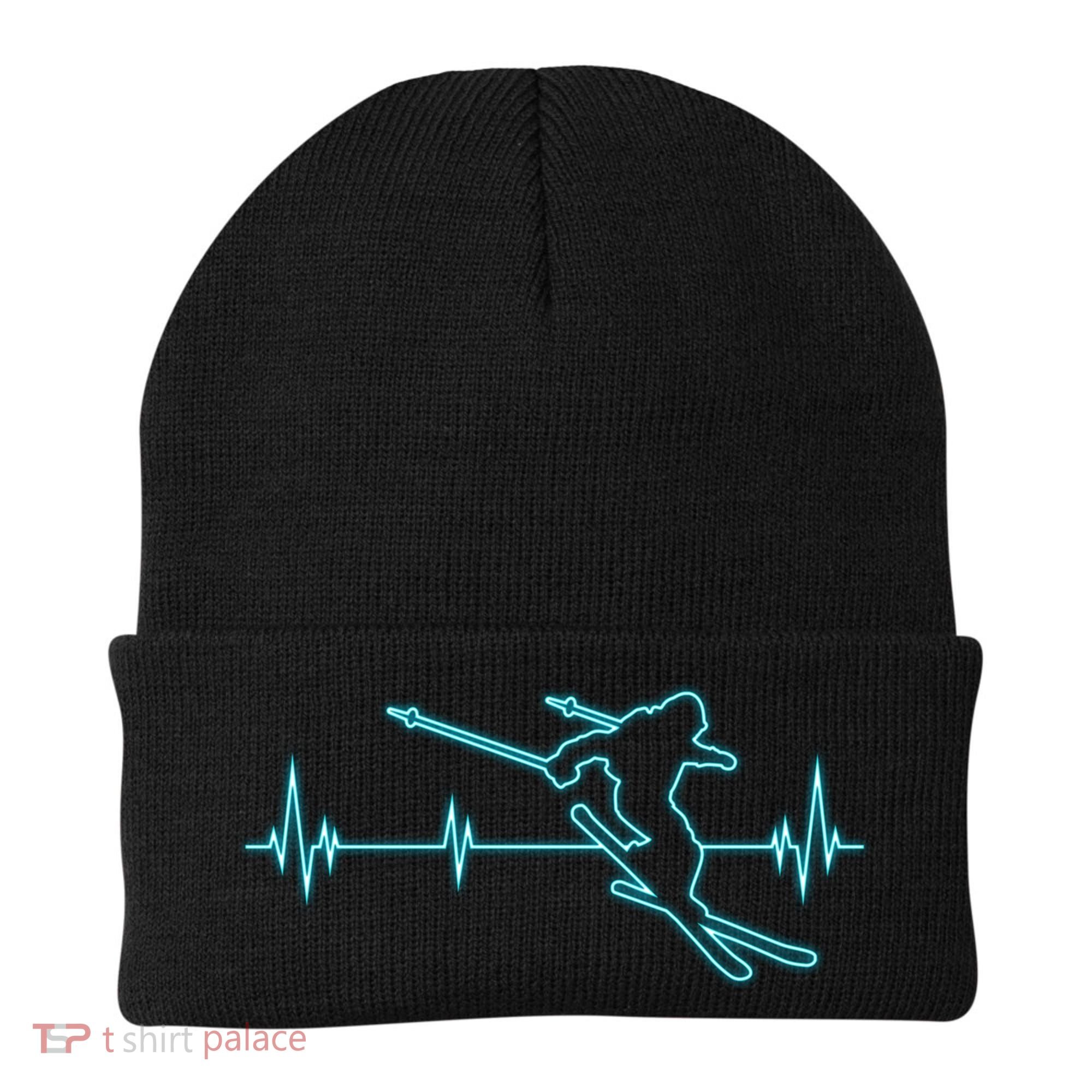 Ski Cool Gift Skiing Heartbeat Tee Skier Cool Gift Skiing Lover Gift Beanie