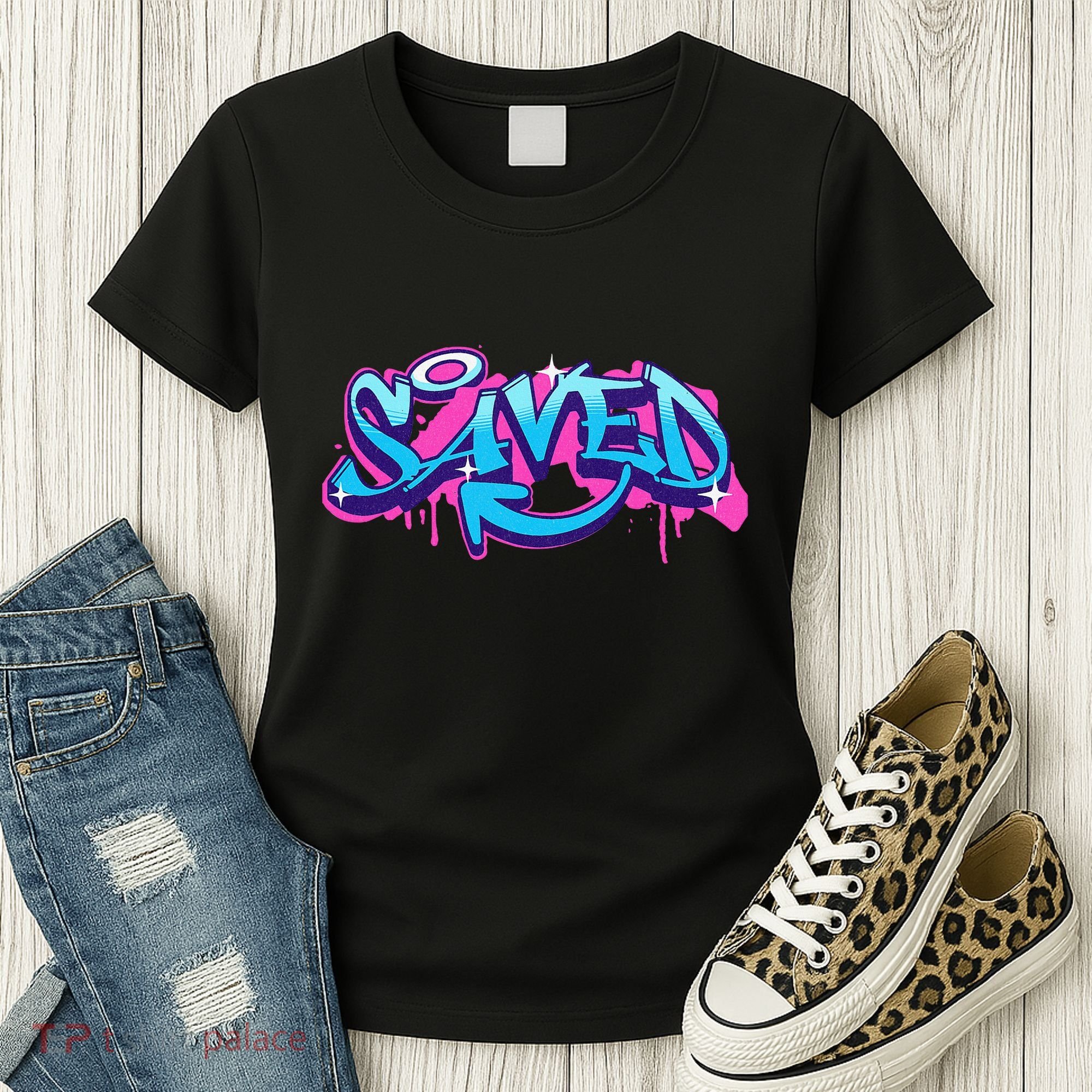 Saved Christian Graffiti Art Retro 80S 90s Women's T-Shirt