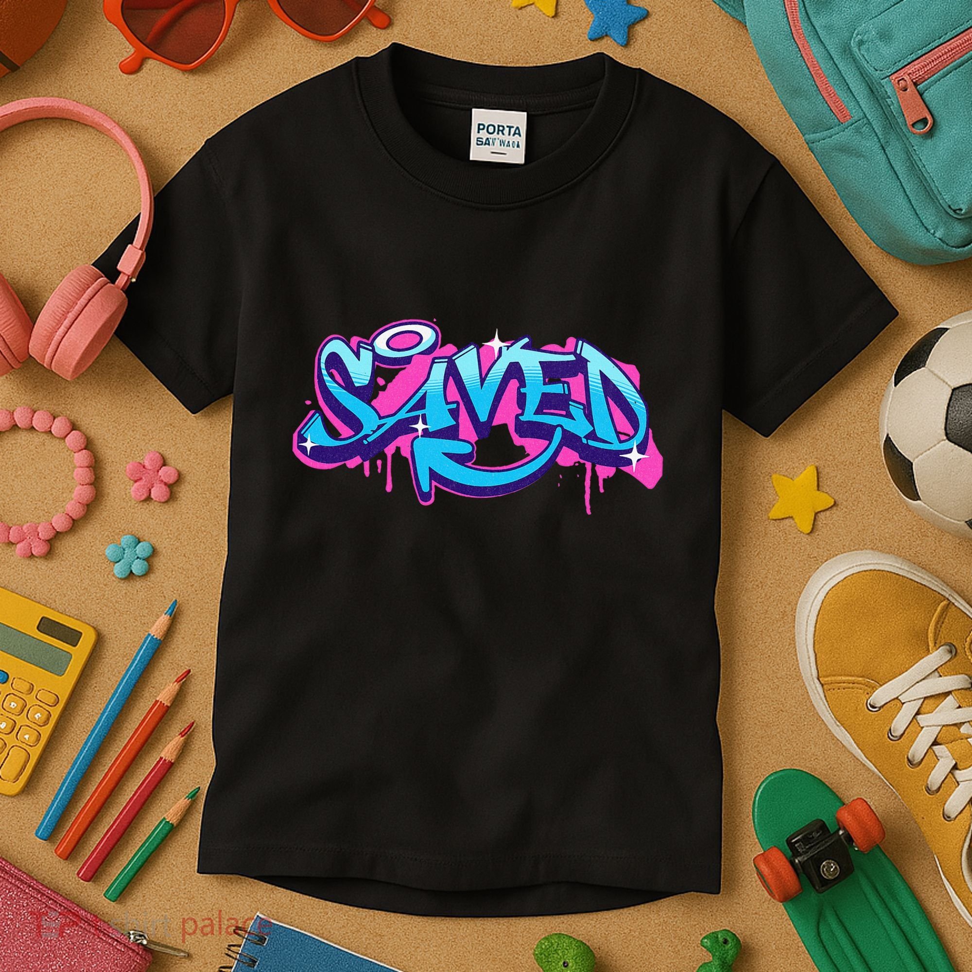 Saved Christian Graffiti Art Retro 80S 90s Kids T-Shirt