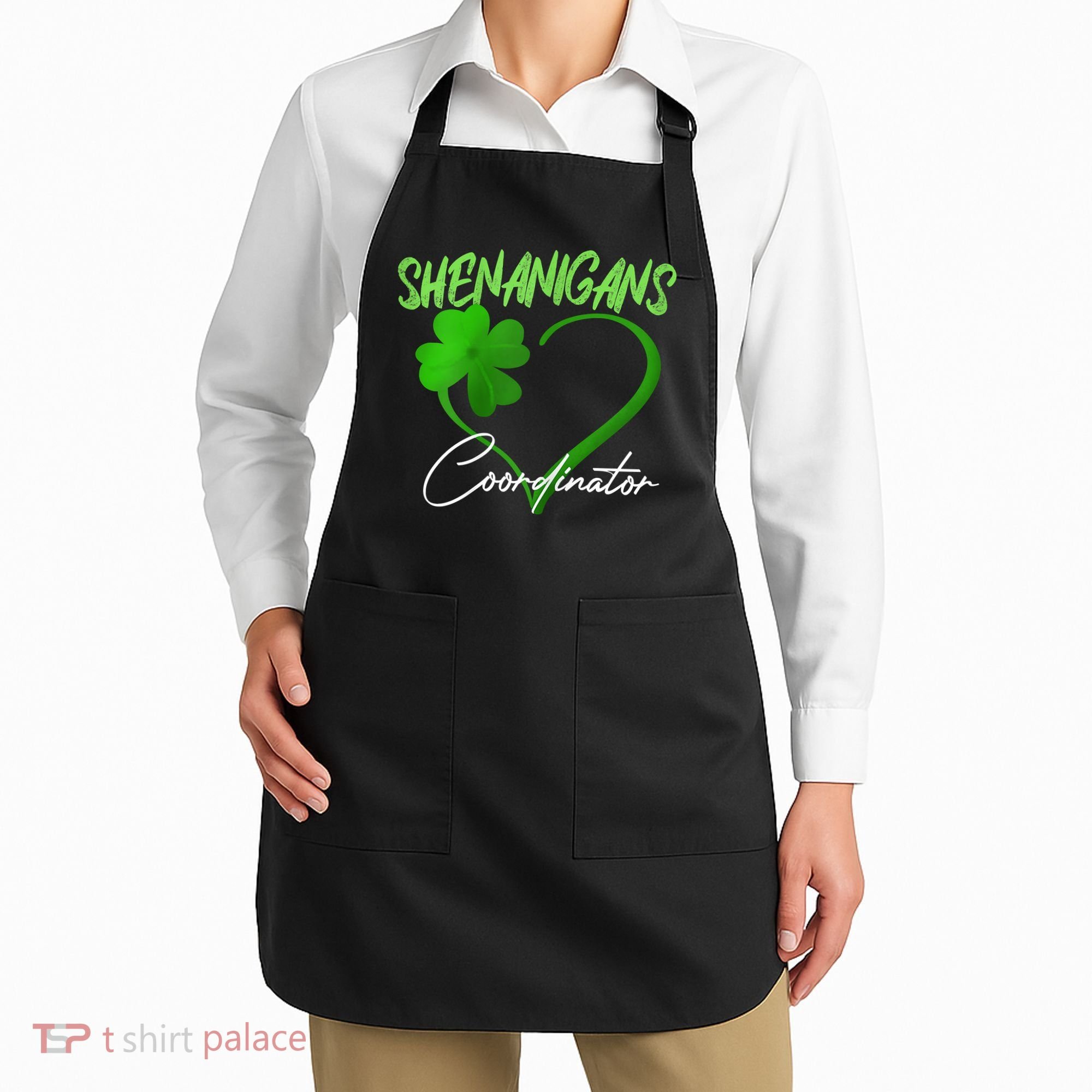 Shenanigans Coordinator Green Heart Shamrock St Patricks Day Apron