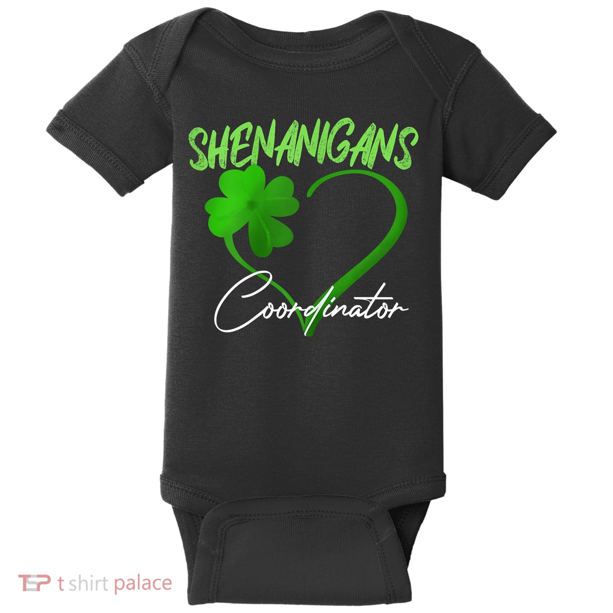 Shenanigans Coordinator Green Heart Shamrock St Patricks Day Baby Bodysuit