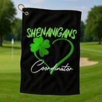 Shenanigans Coordinator Green Heart Shamrock St Patricks Day Golf Towel thumb 1
