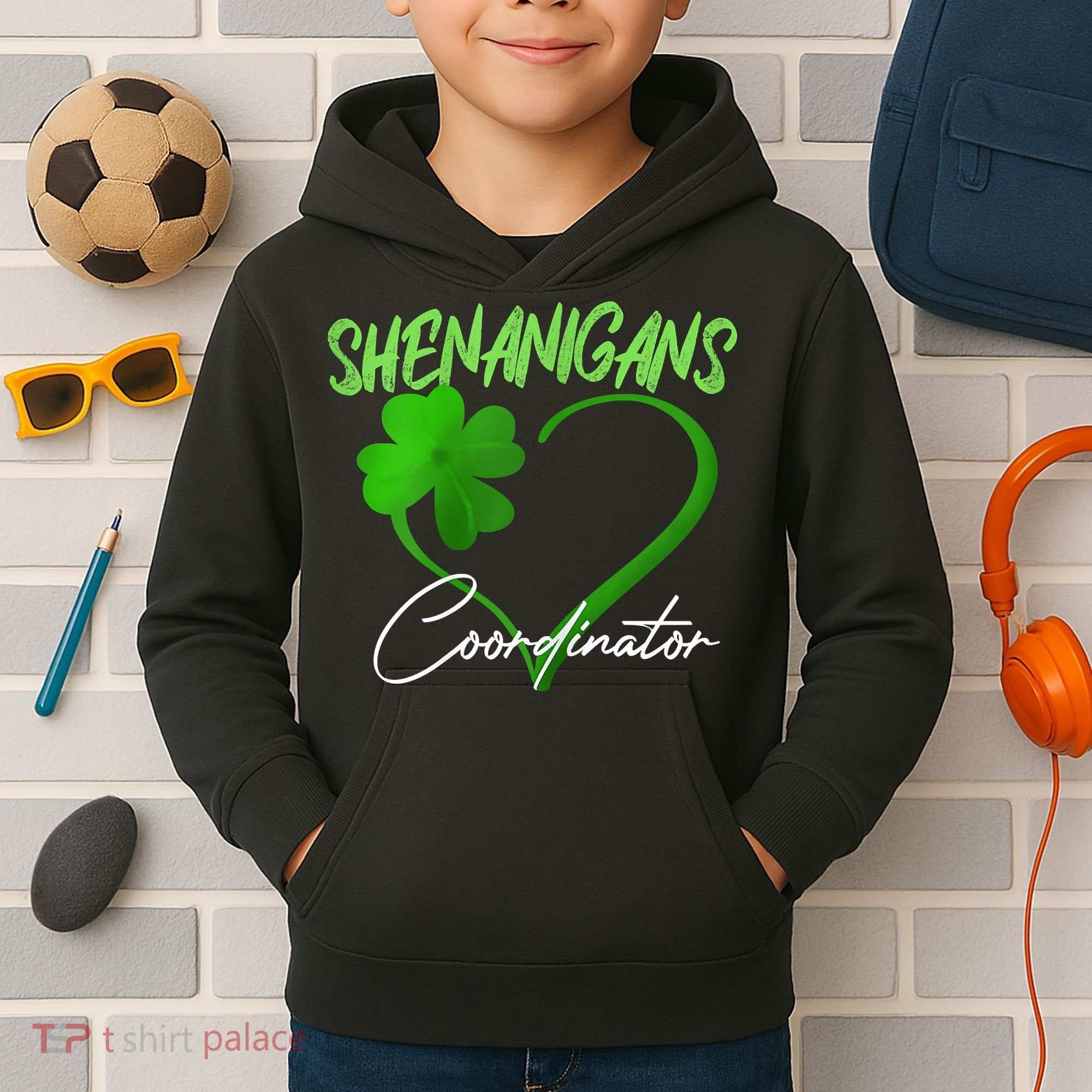 Shenanigans Coordinator Green Heart Shamrock St Patricks Day Kids Hoodie