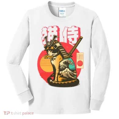 Samurai Cat Graphic Kids Long Sleeve Shirt