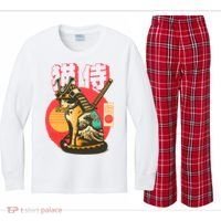 Samurai Cat Graphic Kids Long Sleeve Plaid Pajama Set thumb 0