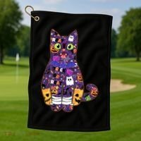 Spooky Cute Halloween Pattern Kitty Cat Golf Towel thumb 1