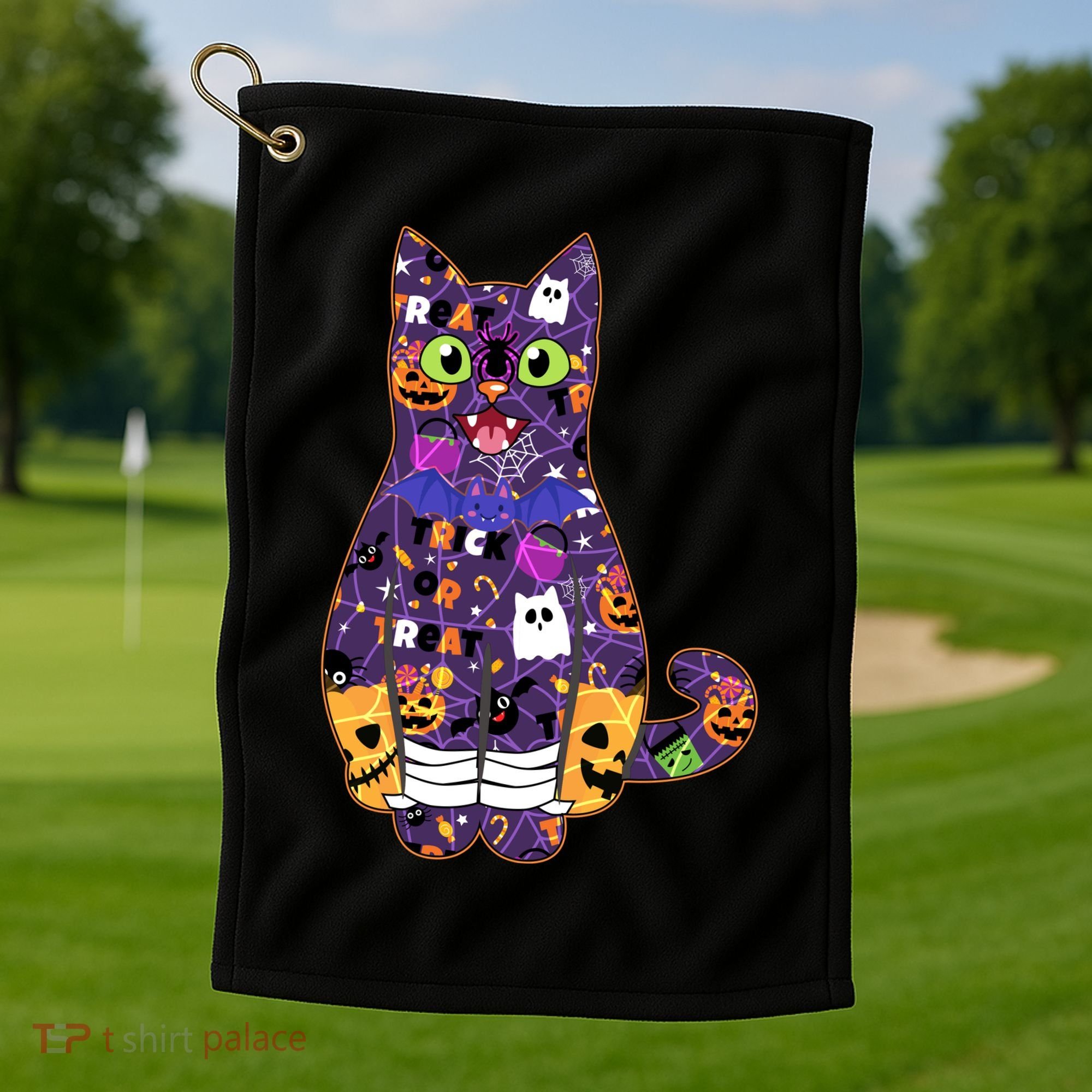 Spooky Cute Halloween Pattern Kitty Cat Golf Towel