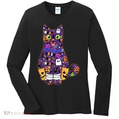 Spooky Cute Halloween Pattern Kitty Cat Women's Long Sleeve Shirt