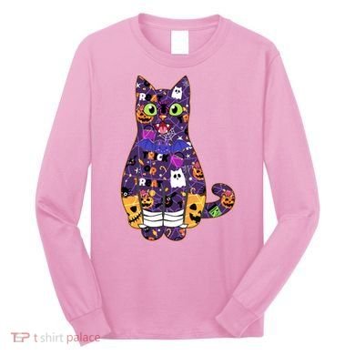 Spooky Cute Halloween Pattern Kitty Cat Long Sleeve Shirt