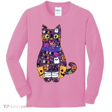 Spooky Cute Halloween Pattern Kitty Cat Kids Long Sleeve Shirt