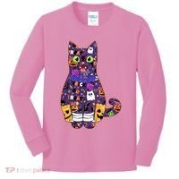 Spooky Cute Halloween Pattern Kitty Cat Kids Long Sleeve Shirt thumb 0