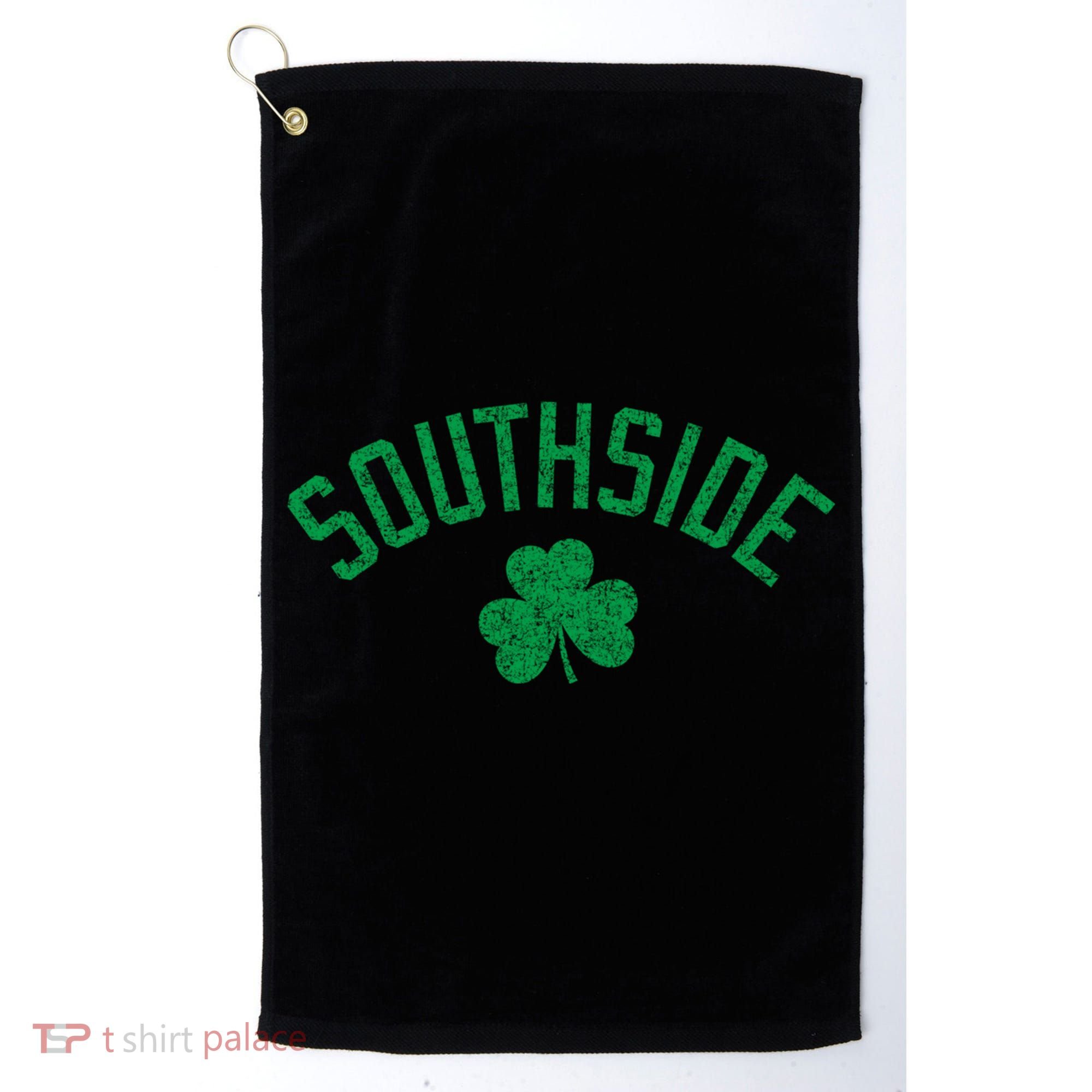 Southside Chicago Irish Shamrock Distressed Green Print Funny Gift Golf Towel