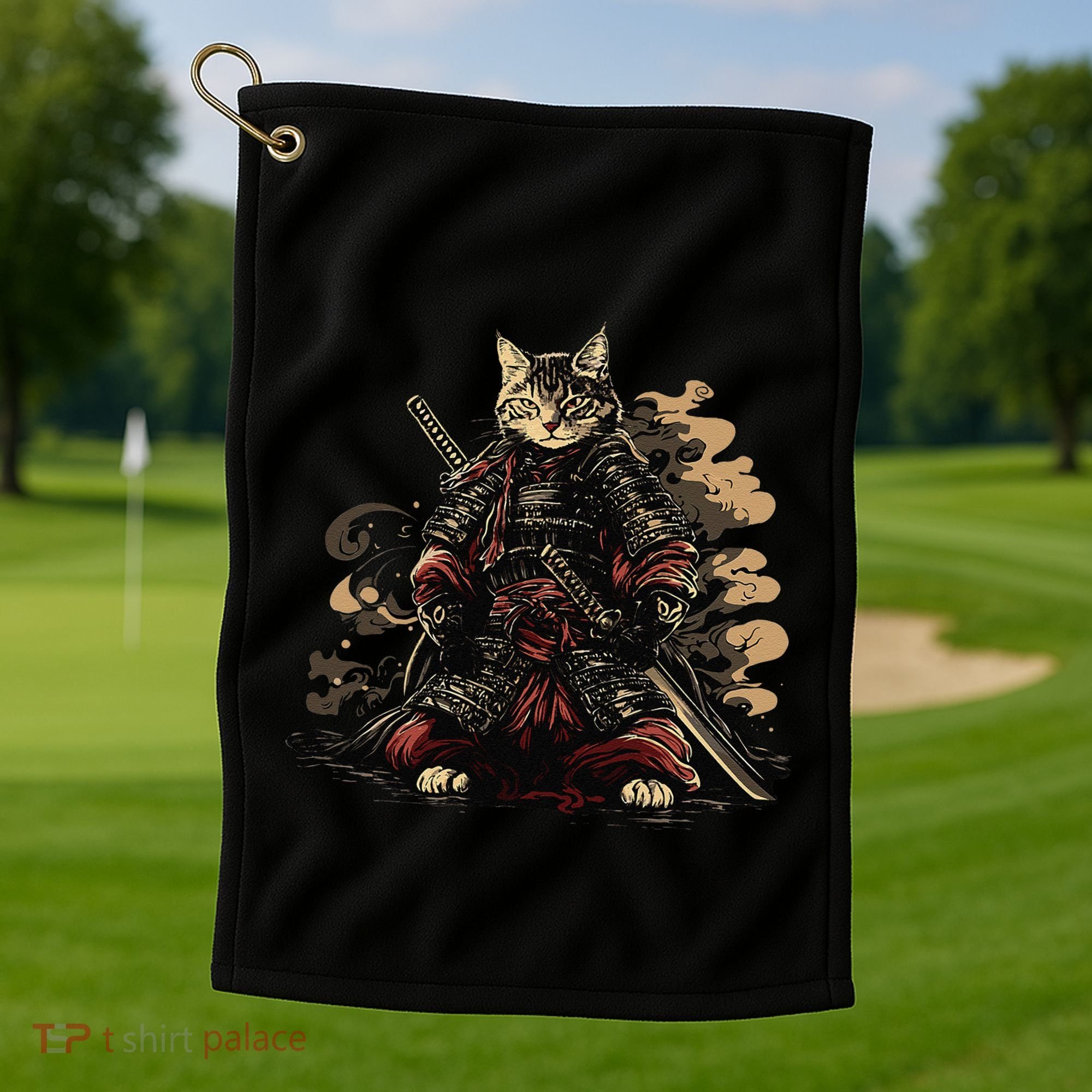 Samurai Cat Japanese Graphic Art Anime Warrior Cat Lover Golf Towel