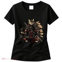 Samurai Cat Japanese Graphic Art Anime Warrior Cat Lover Women's T-Shirt thumb 0